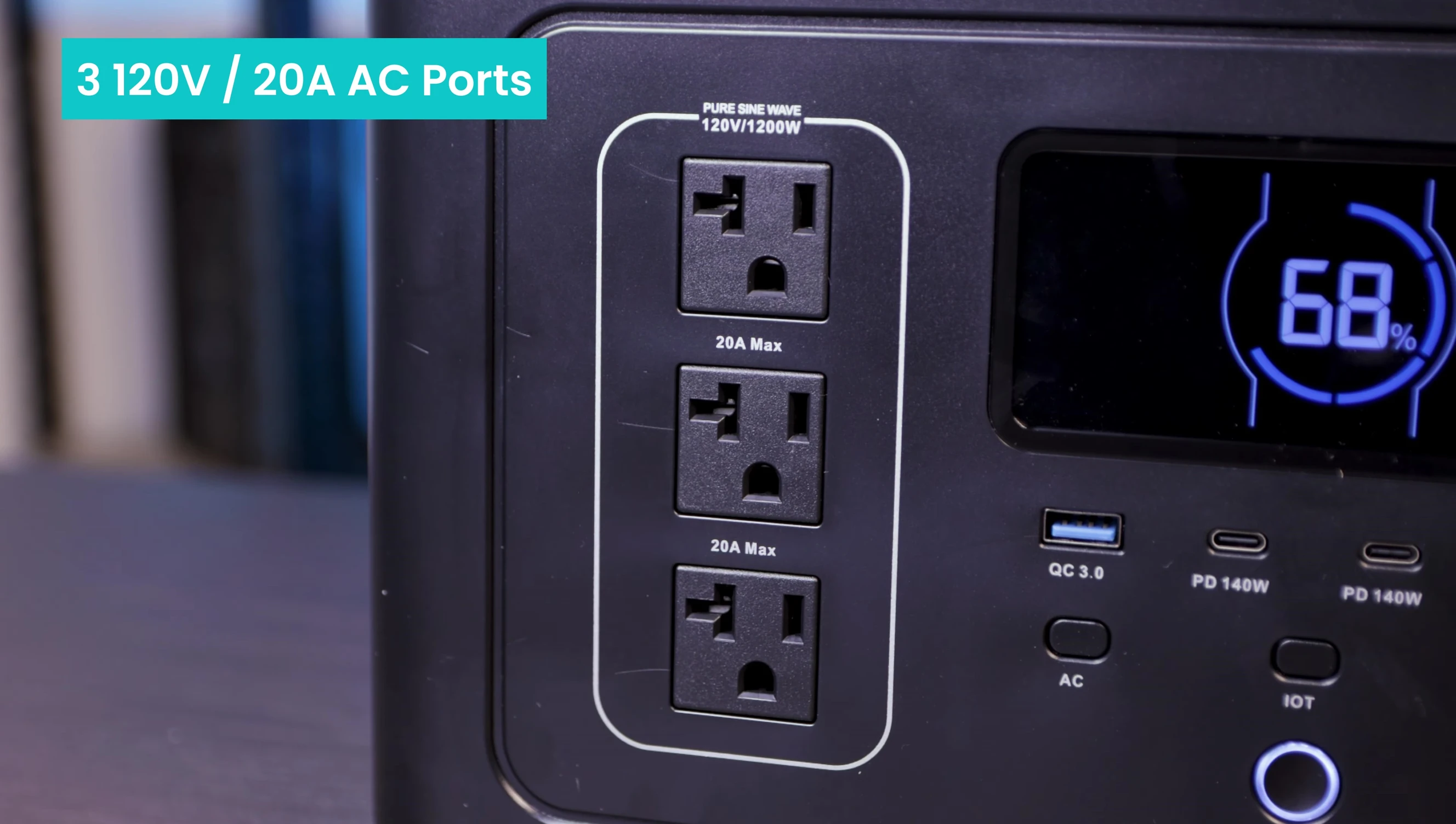 Close-up view of the AC outlets and USB ports on the Exodus 1200.