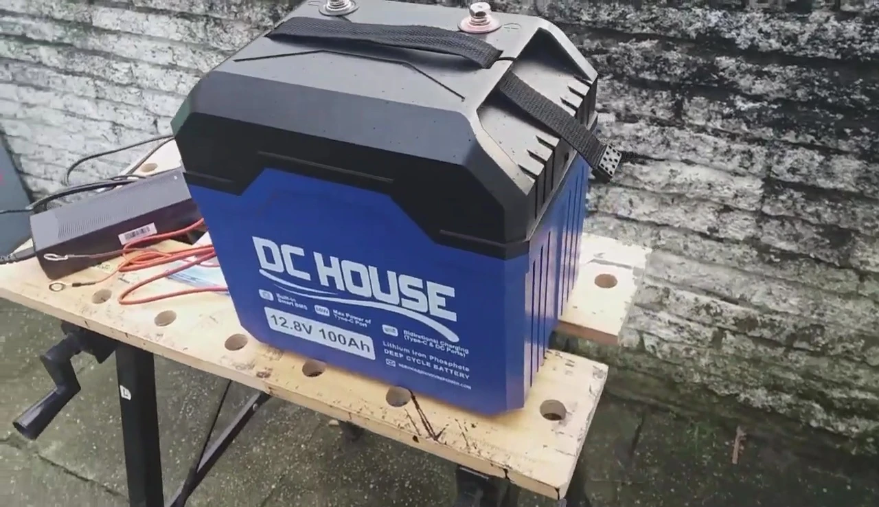 The battery demonstrating its compact and portable design.