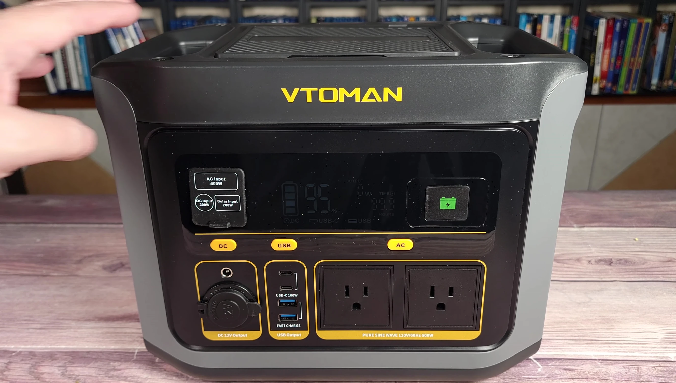 Close-up showcasing the input ports (AC, DC, and solar).