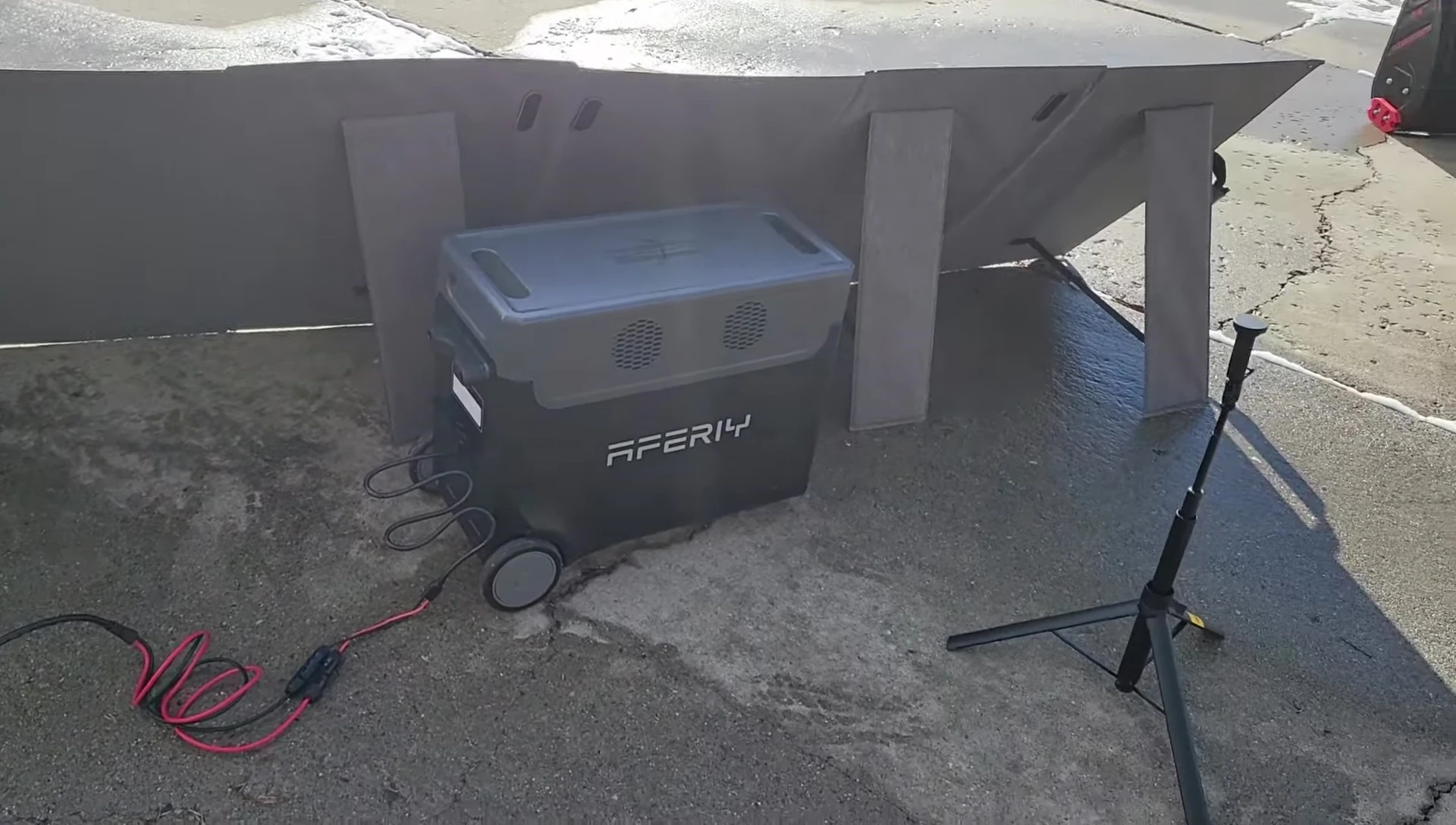 The solar panel connected to a power station during testing.