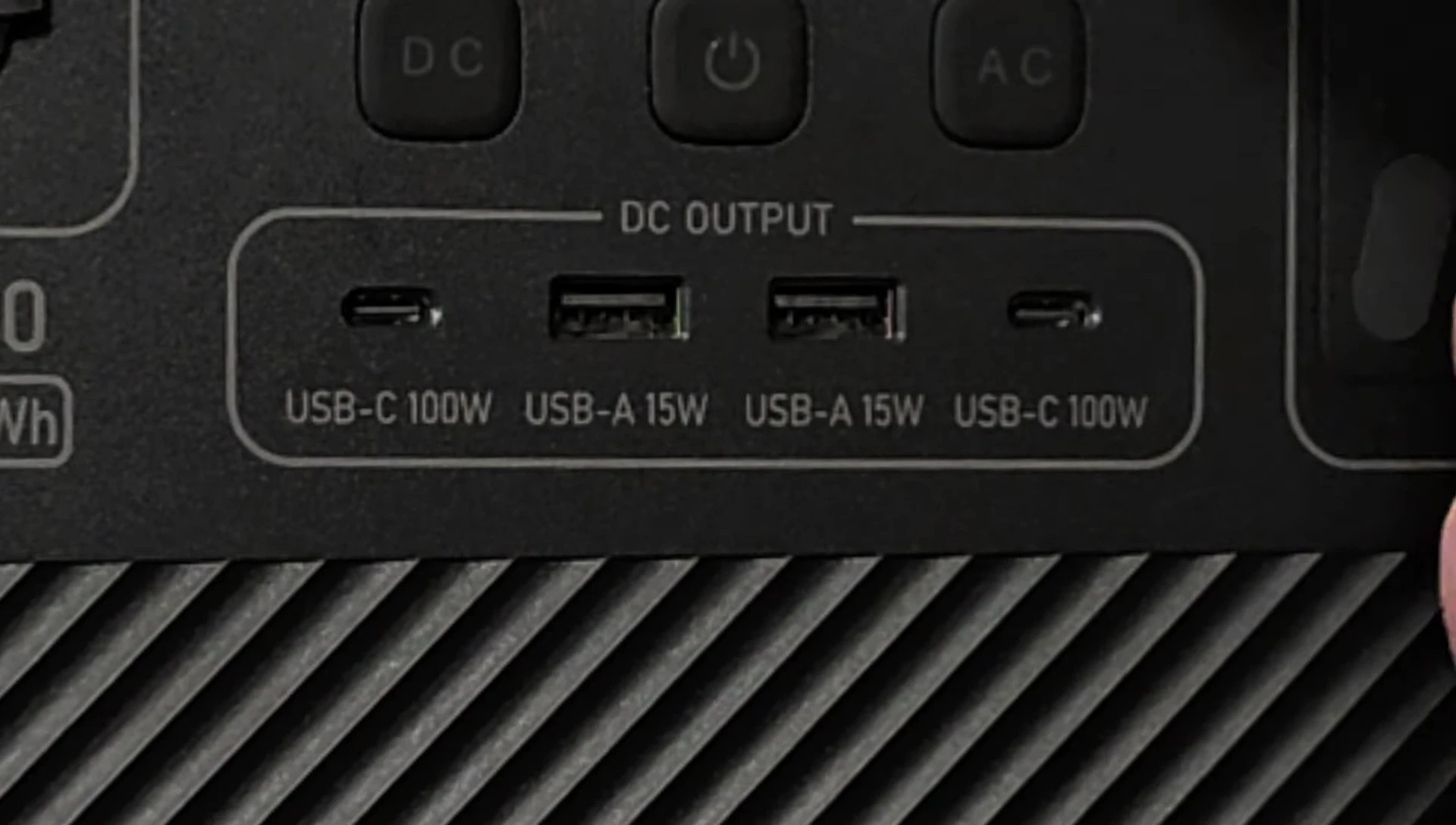 A detailed view of the various ports and outlets on the front of the power station.