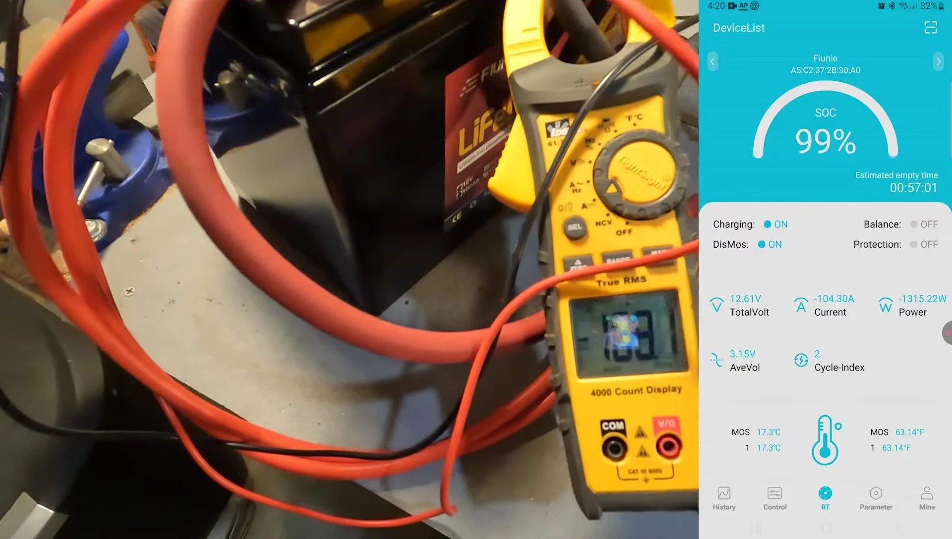 App screenshot showing amperage draw during high amperage test.