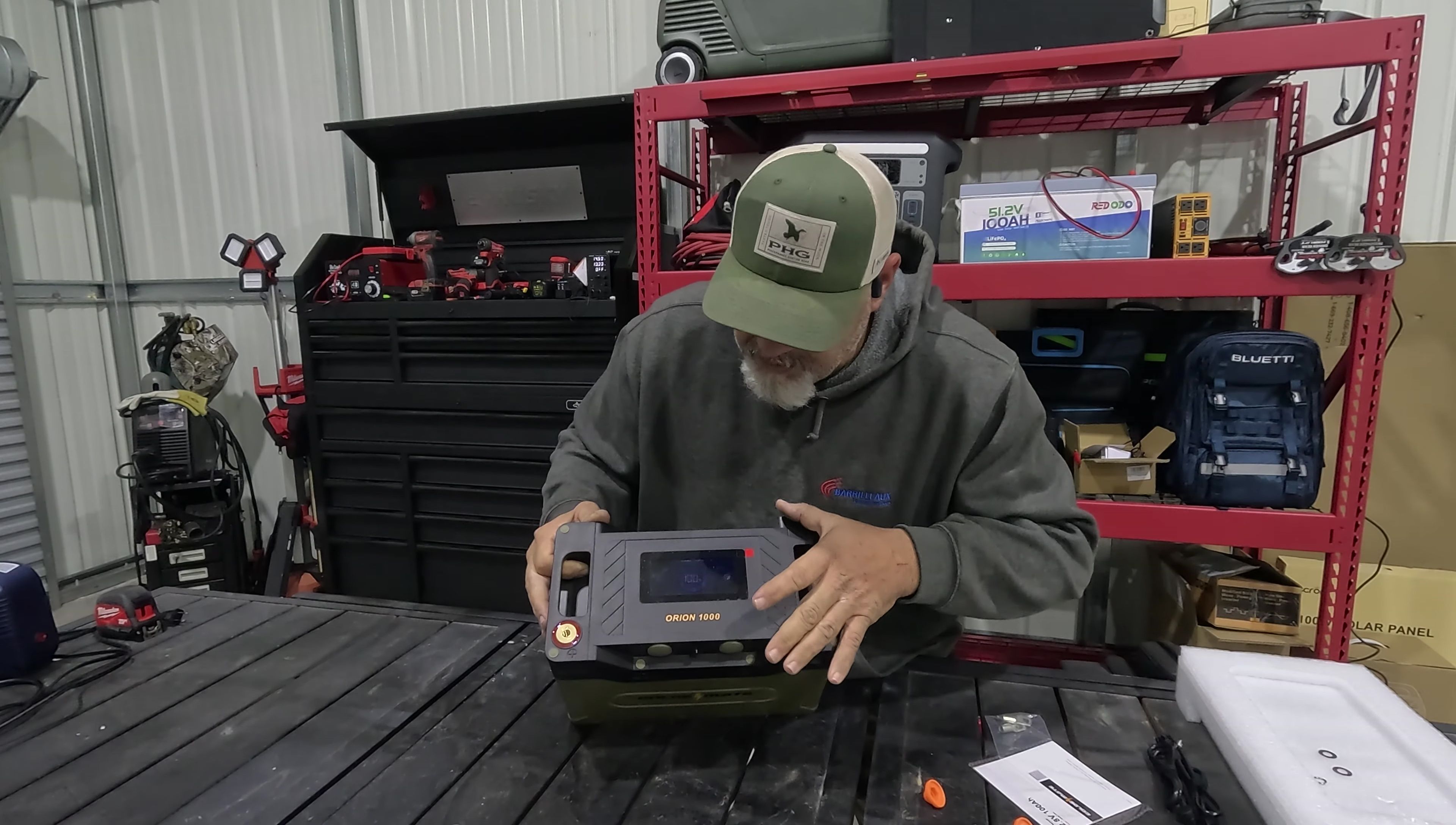 Close-up of the battery's display showing battery level and other information