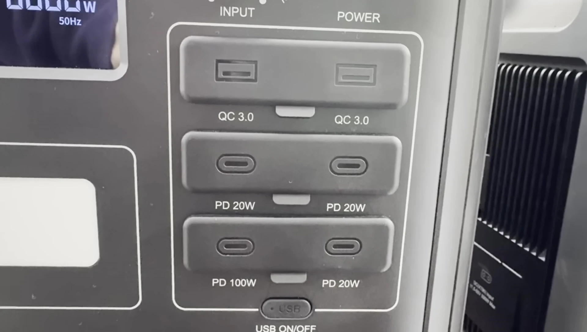 Close-up of the various ports on the power bank