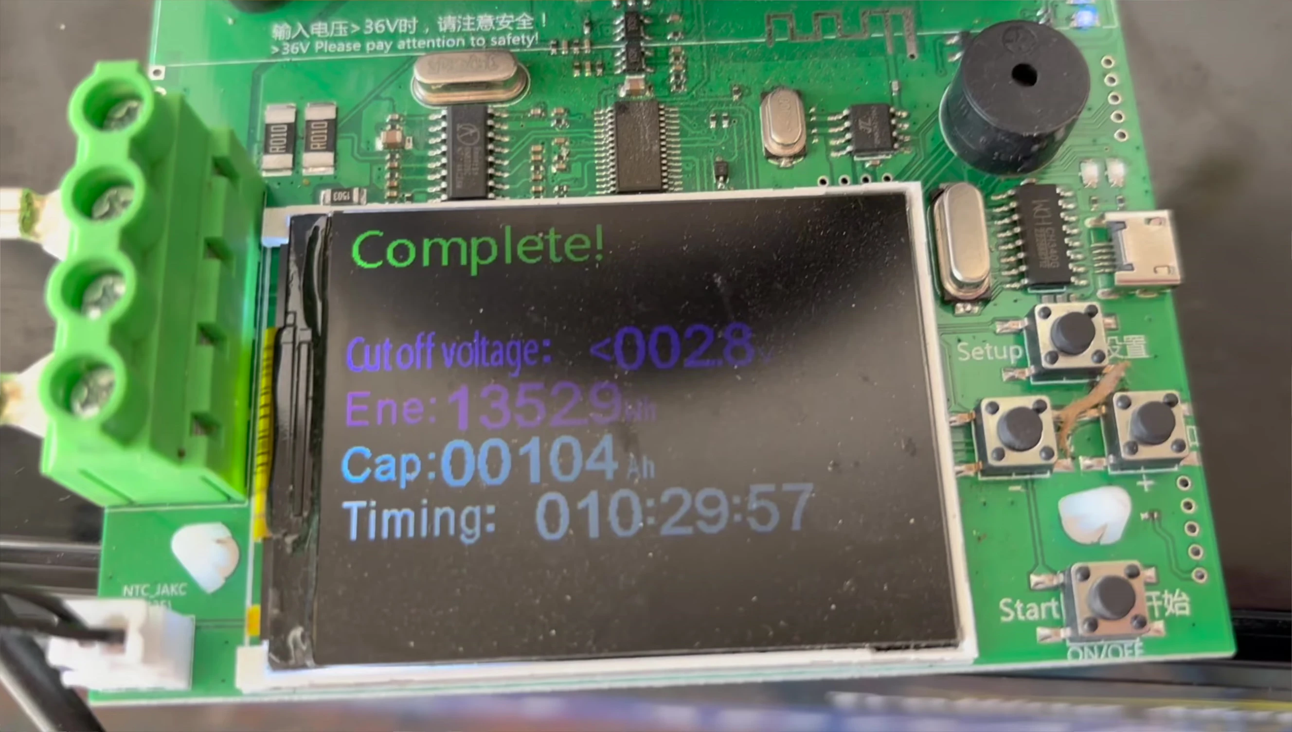 Data display showing the test results