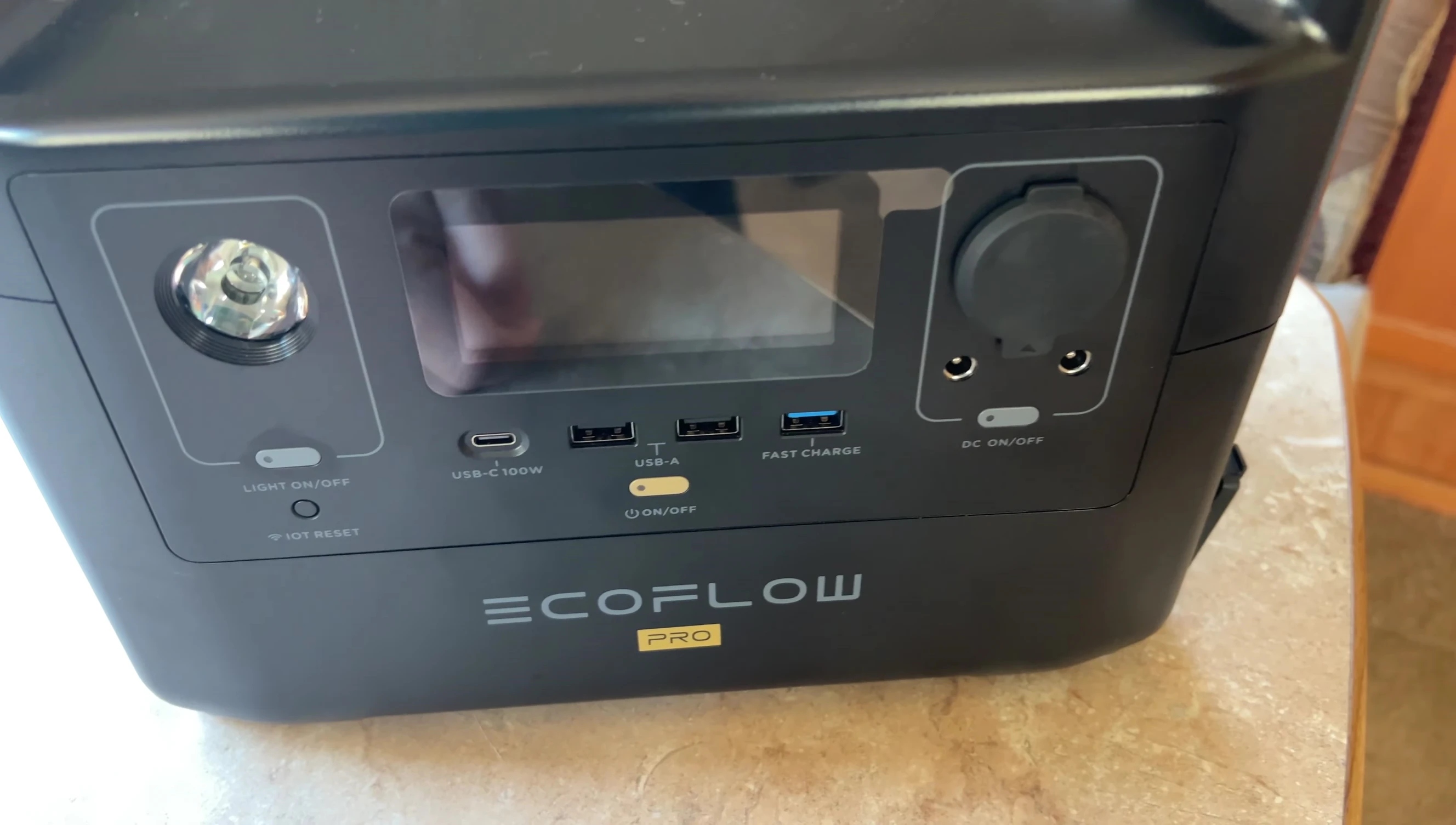 Close-up showcasing the various ports and buttons on the EcoFlow RIVER Pro.