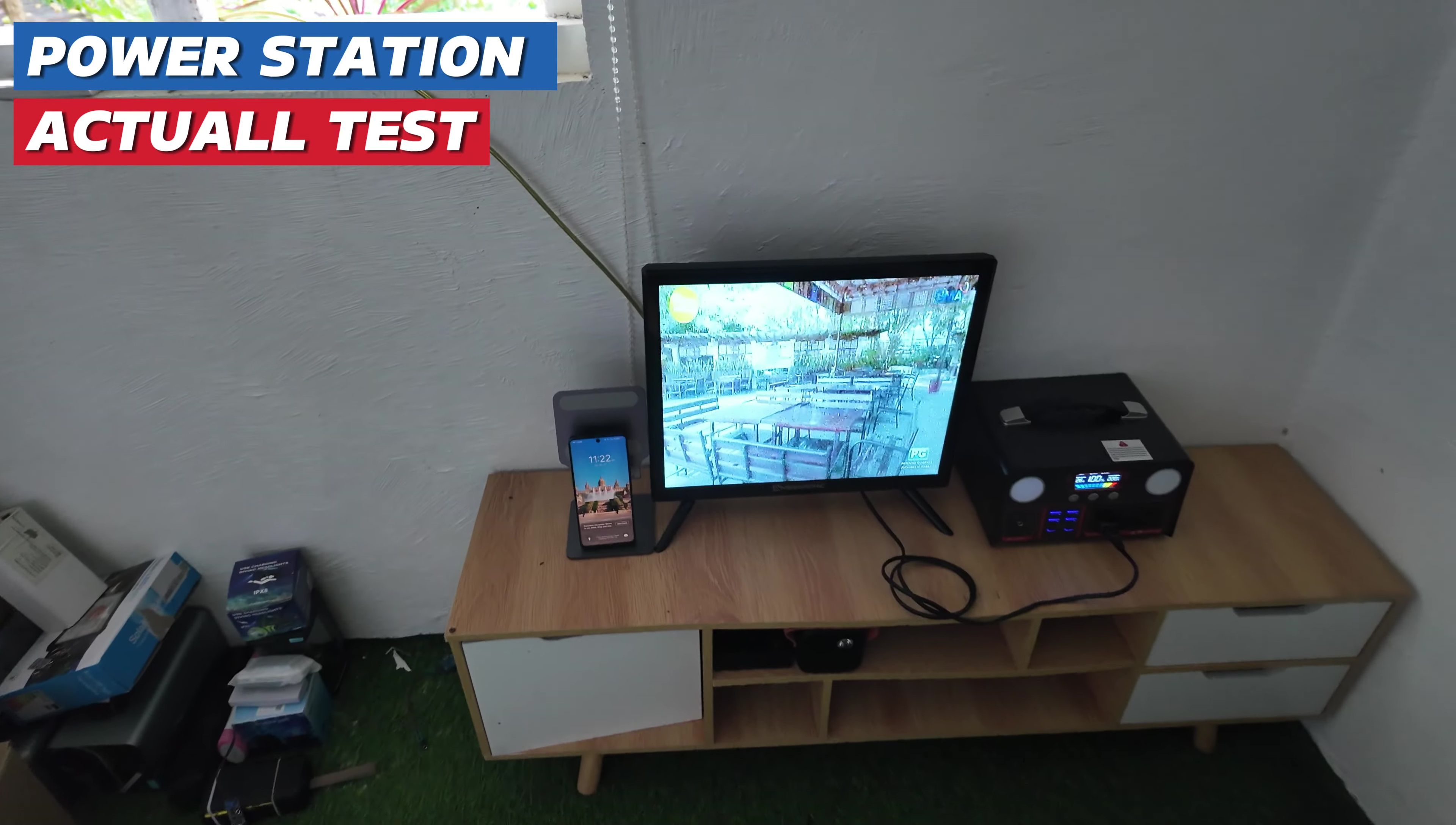 The power station powering a TV during the initial battery life test.