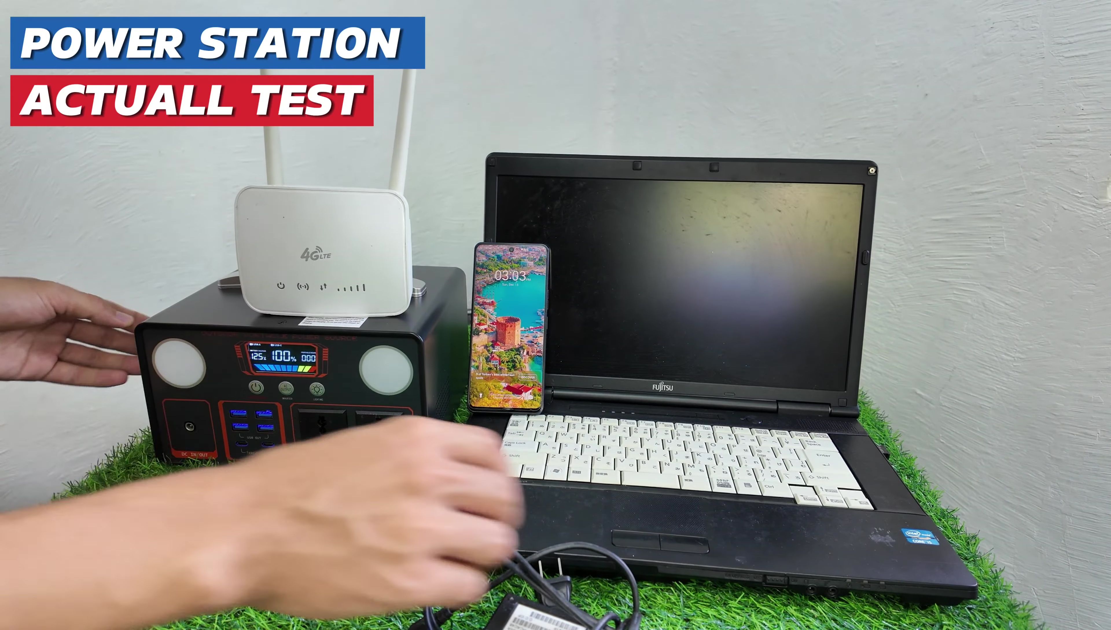 The power station powering a laptop and Wi-Fi during the second battery life test.