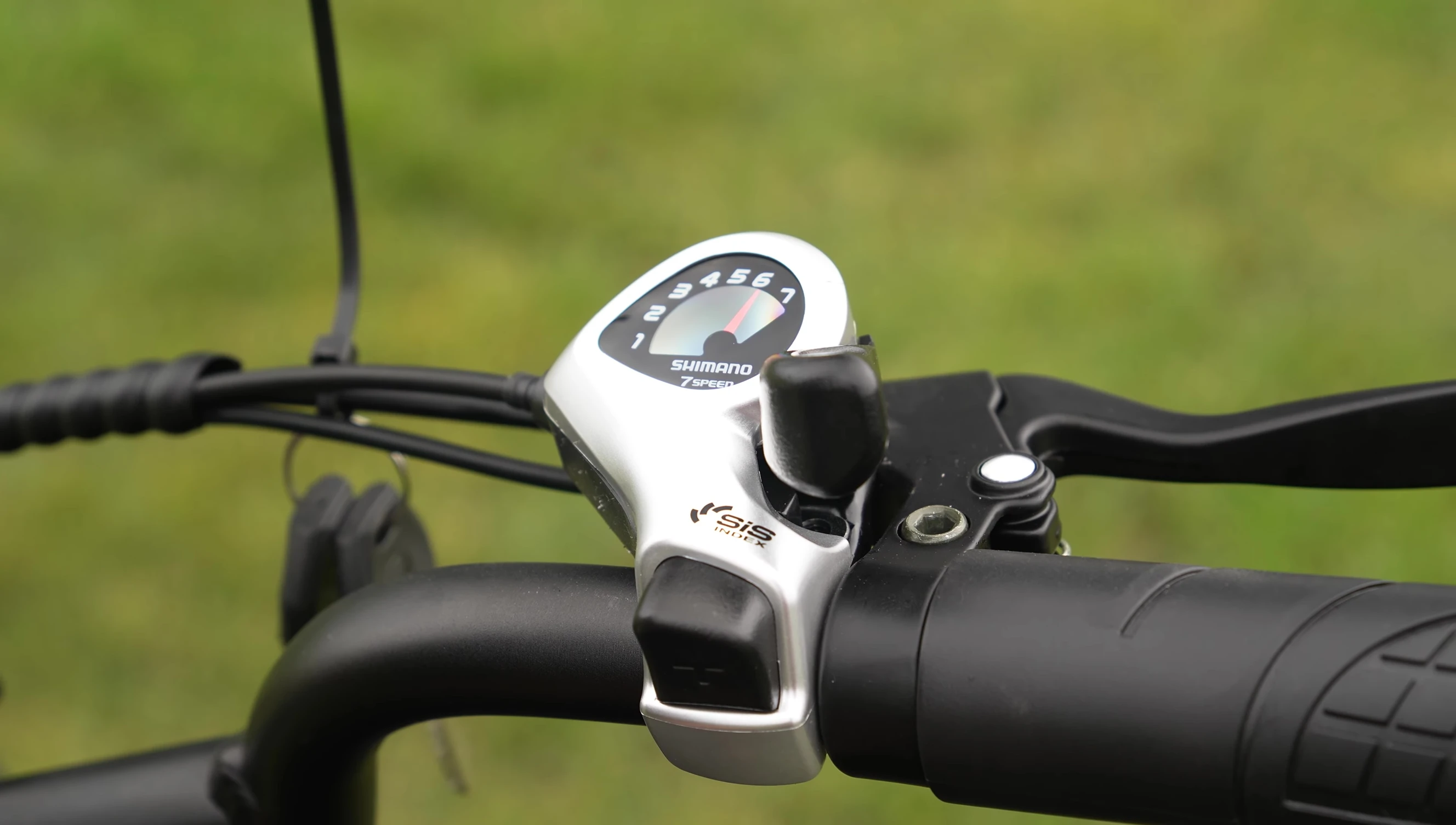 Close up of the Shimano 7-speed gear shifter.