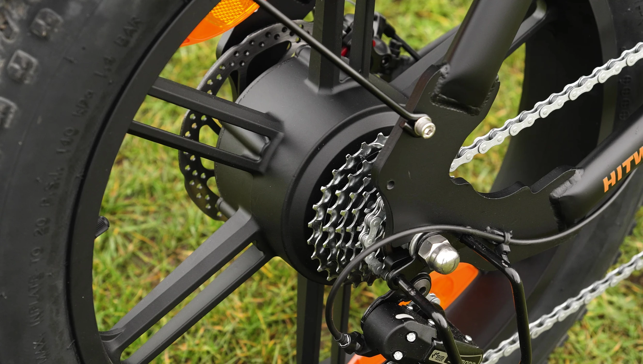 Close-up view of the mechanical disc brakes.