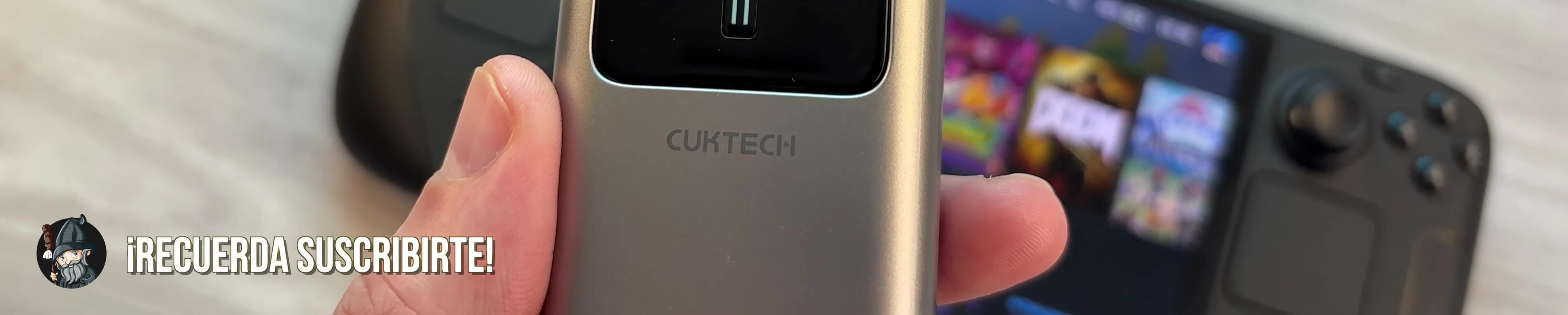 The power bank's display showing remaining charge and wattage.
