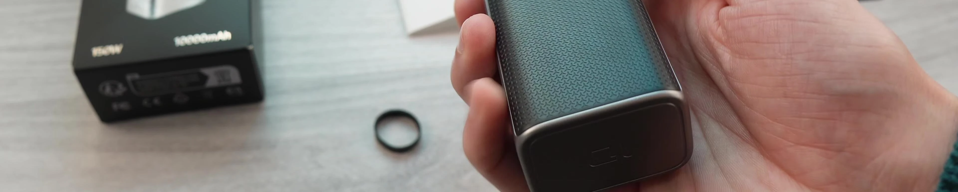 Close up of the power bank showing its exterior design and material.