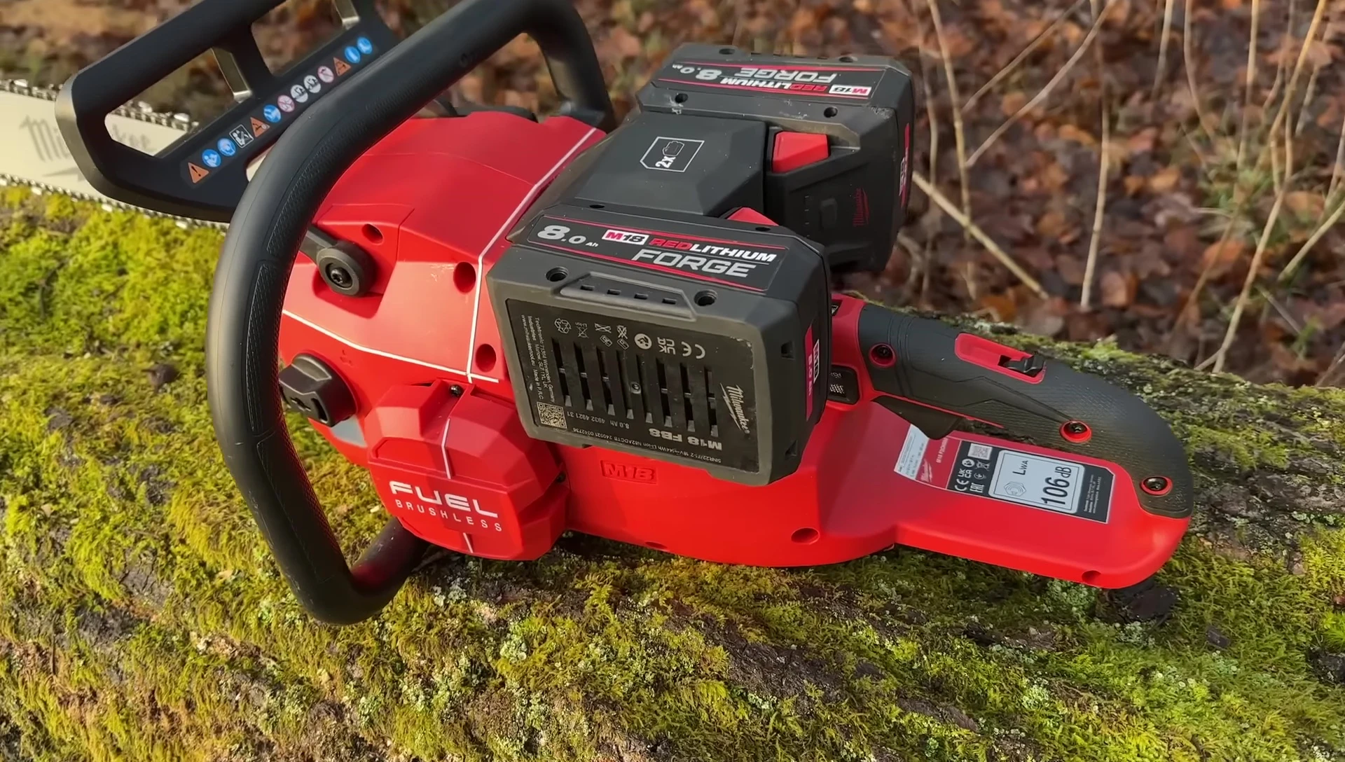 Close-up of the Milwaukee M18 FUEL chainsaw specifications