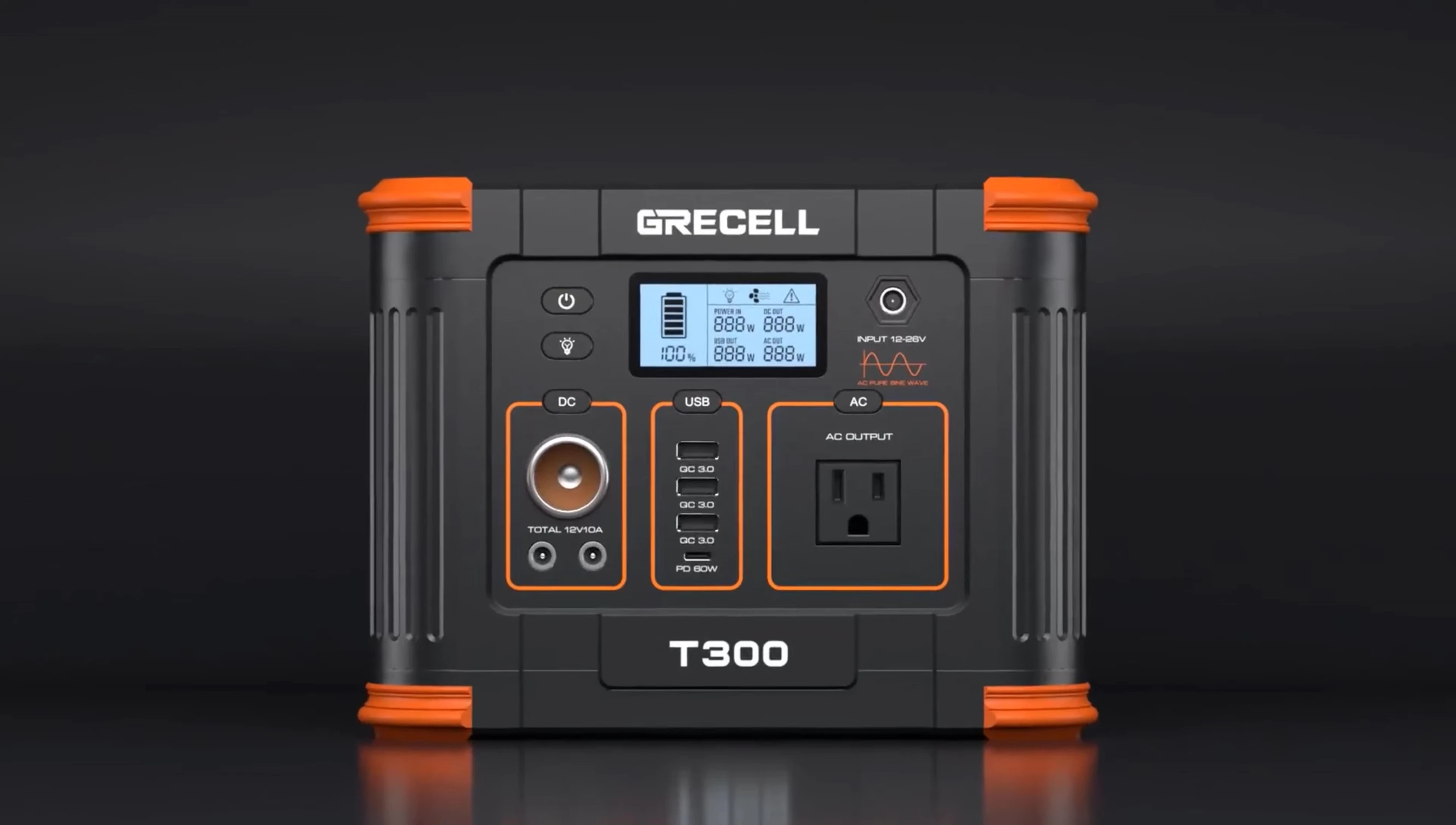 Image showing the GRLE T300's fast charging capabilities and ports.