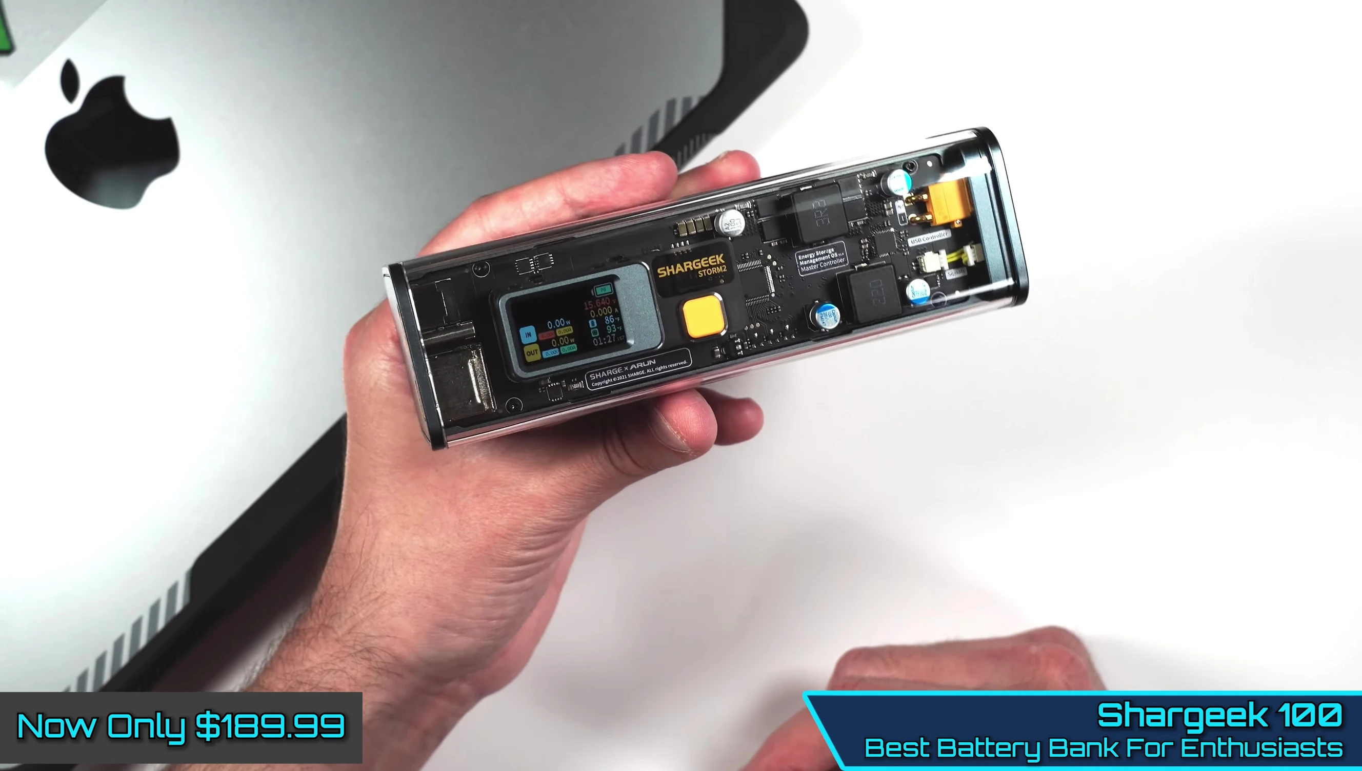 The Shargeek 100 power bank showcasing its transparent casing and internal components.