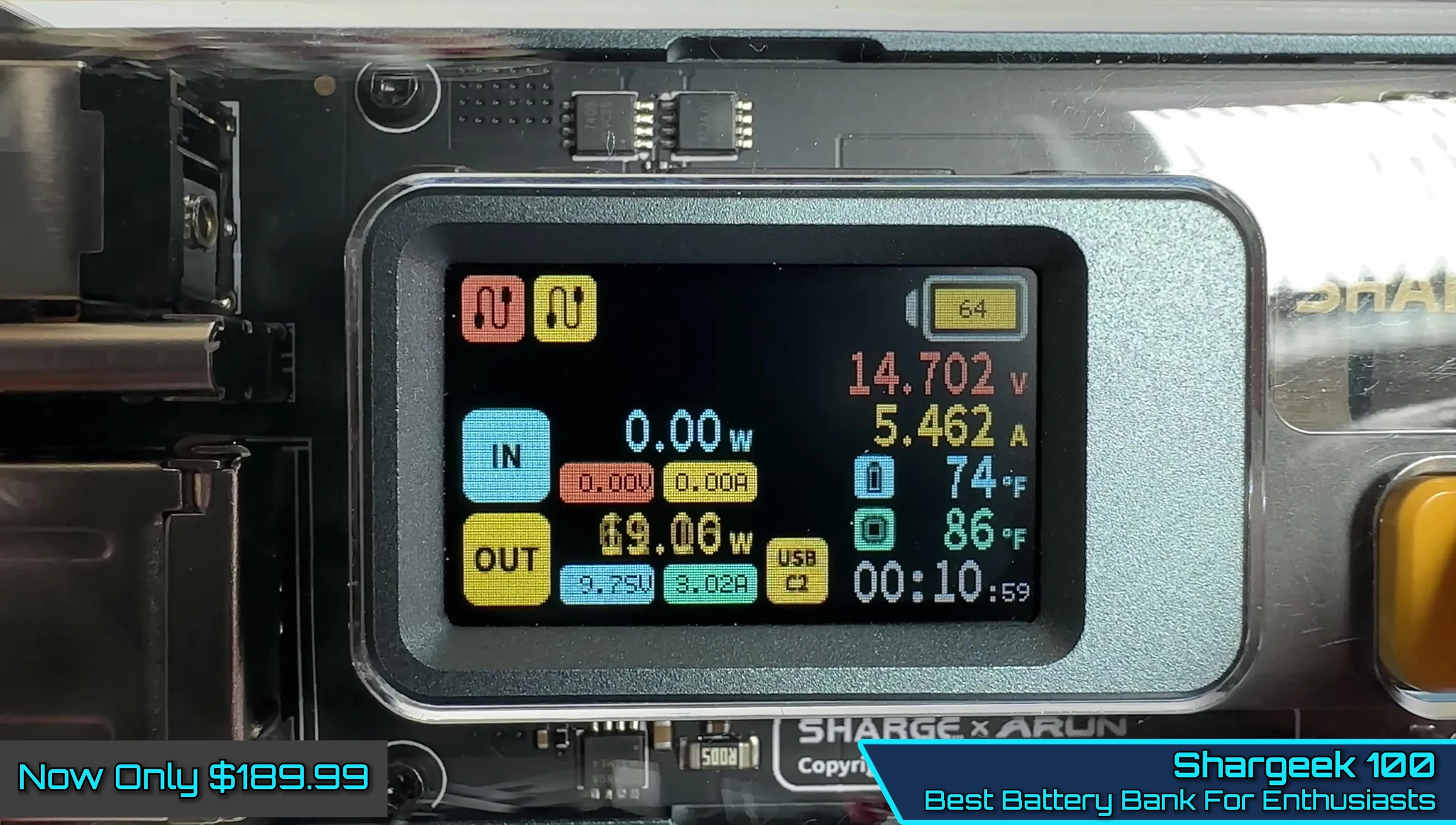 The Shargeek 100's IPS display showing battery levels and port information.
