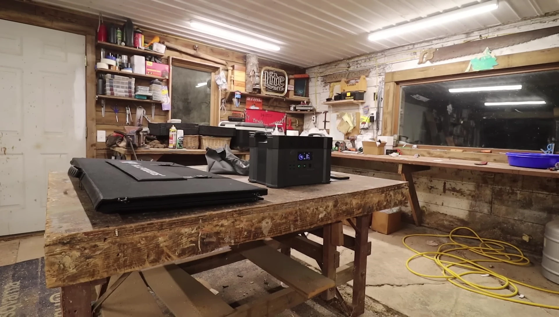 Testing the power station with a circular saw.