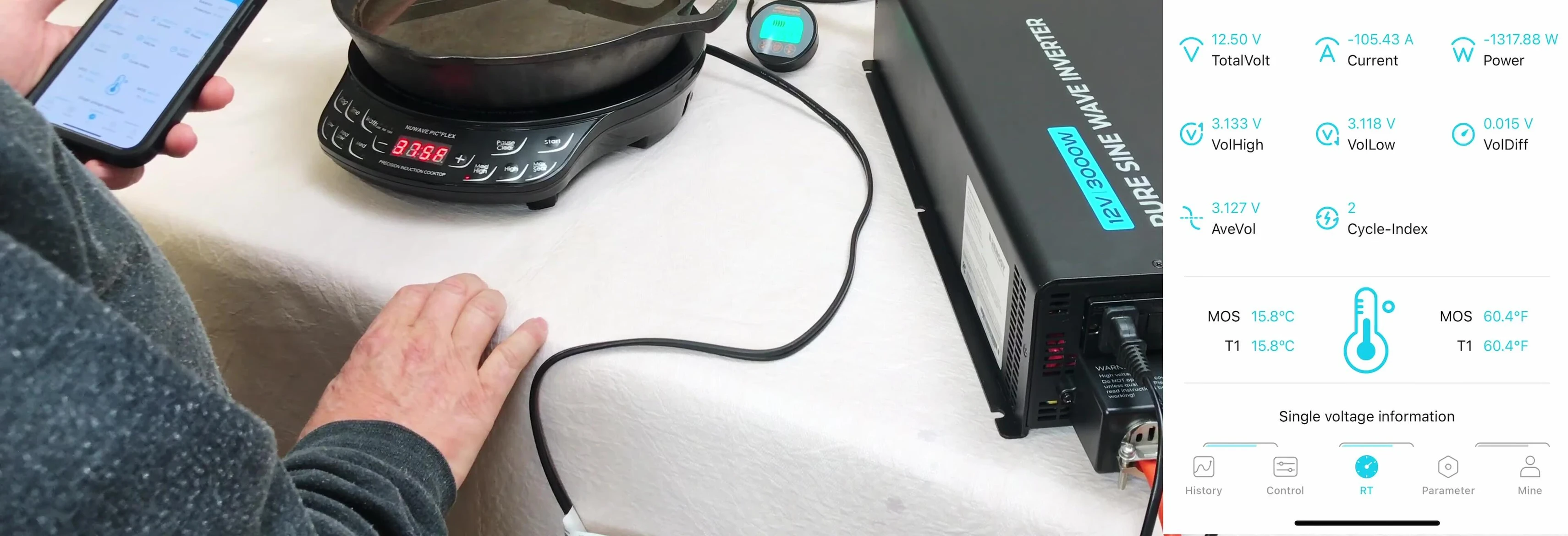 Amp meter showing 105 Amps during the high current discharge test.