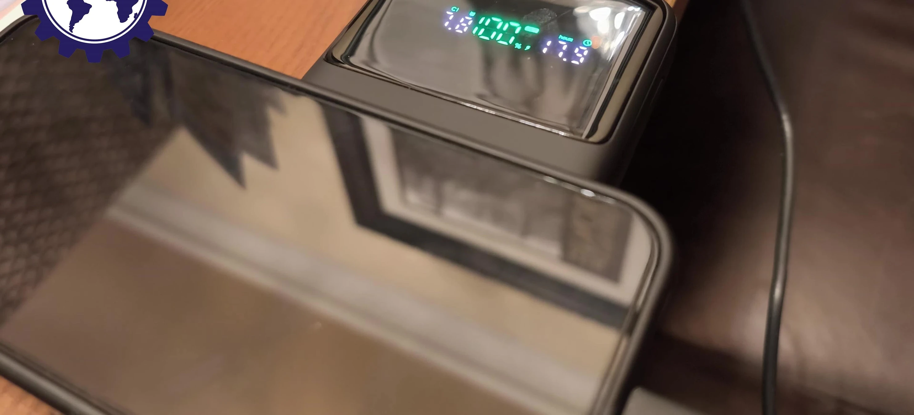 Close-up of the power bank's ports and display