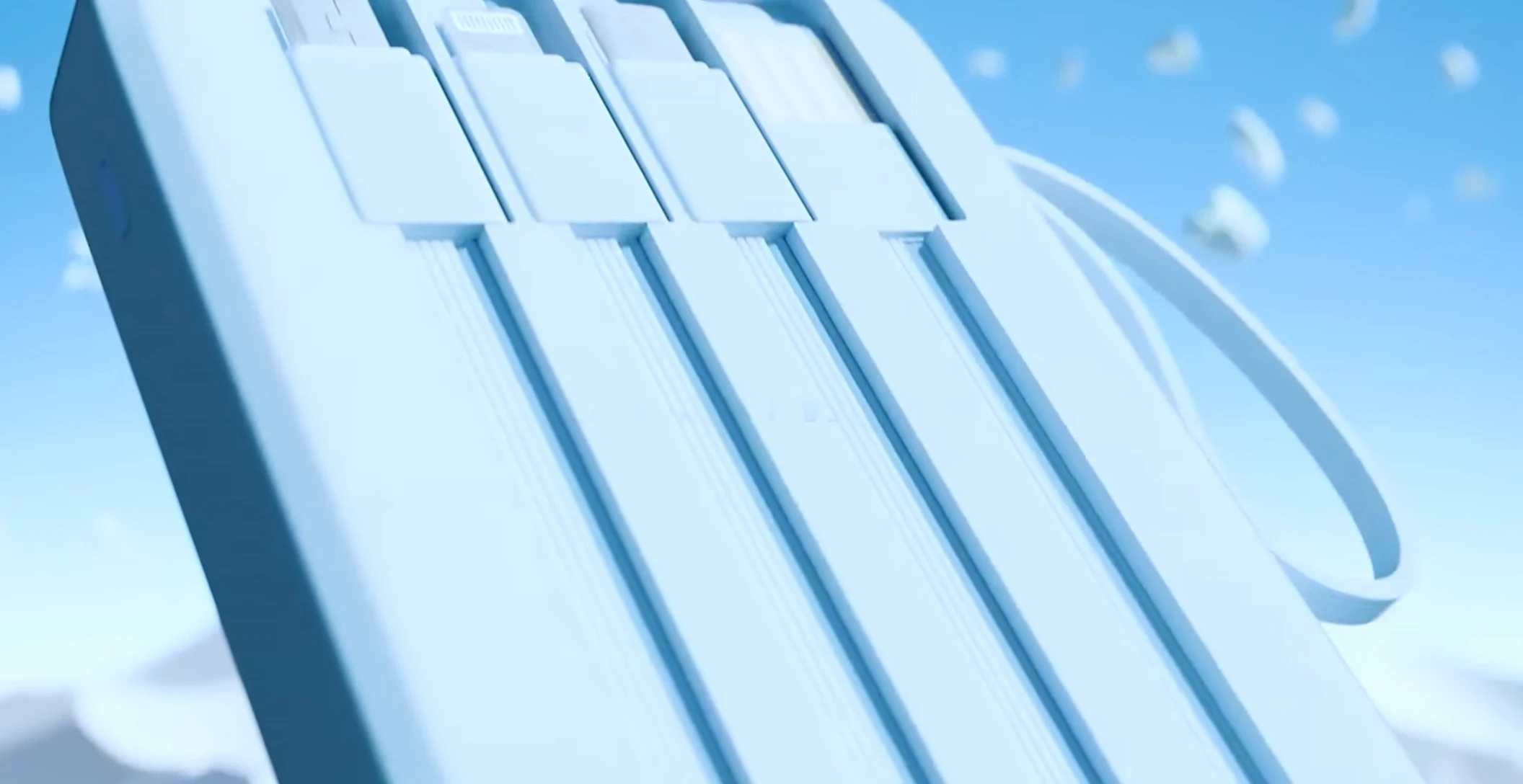 Close-up showcasing the different cable types included with the Life Lung power bank.