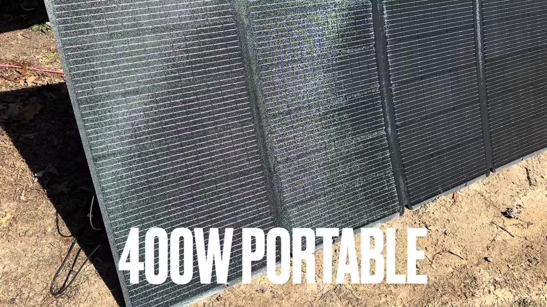 Close-up of the folded 400W solar panels.