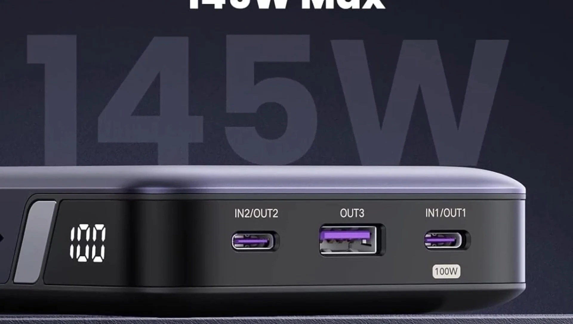 Close-up of the UGREEN 145W's LCD screen showing battery percentage
