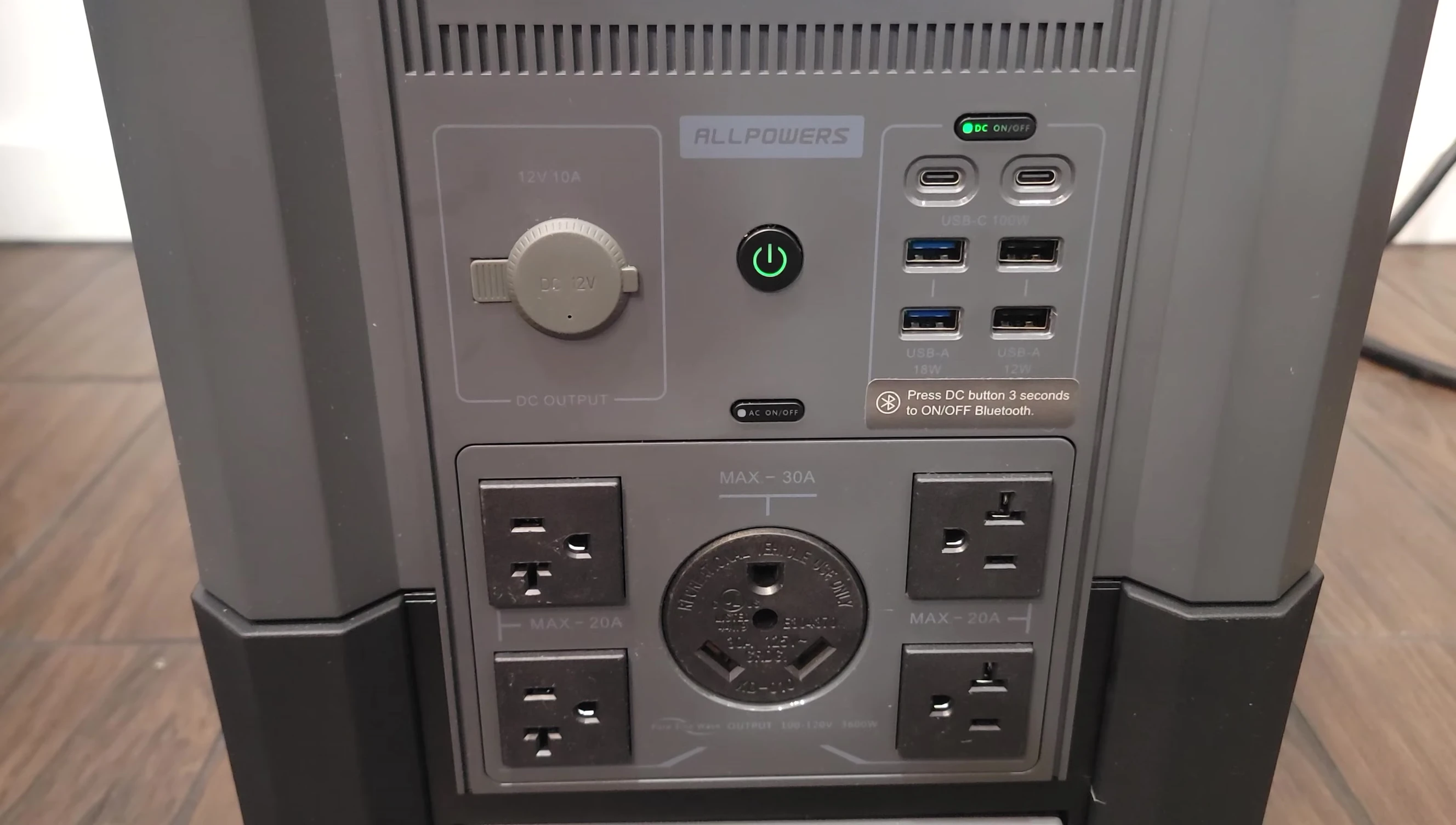 Close-up view of the various ports on the front of the power station.