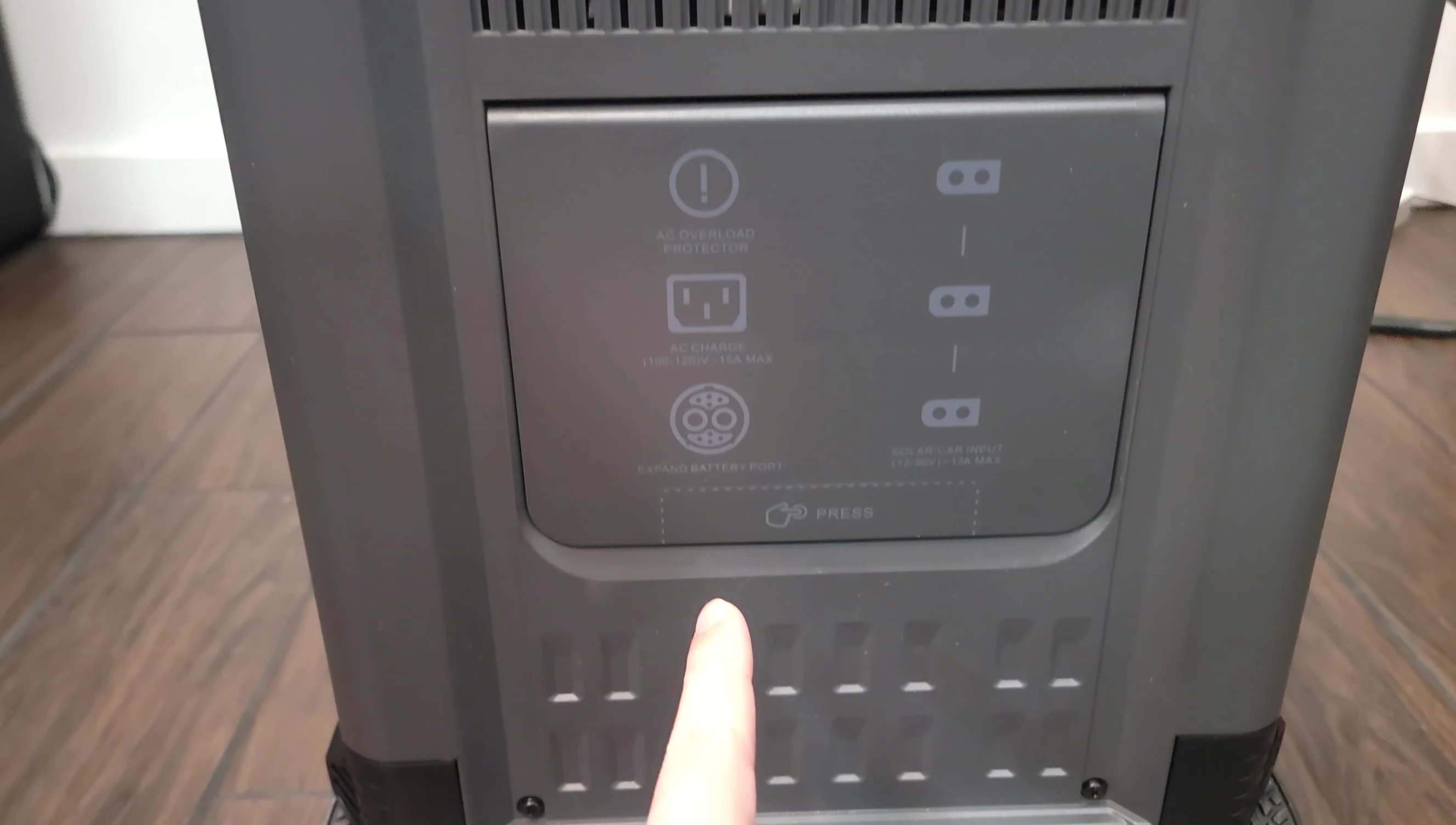 Rear panel showing the AC input, expansion port, and solar panel inputs.