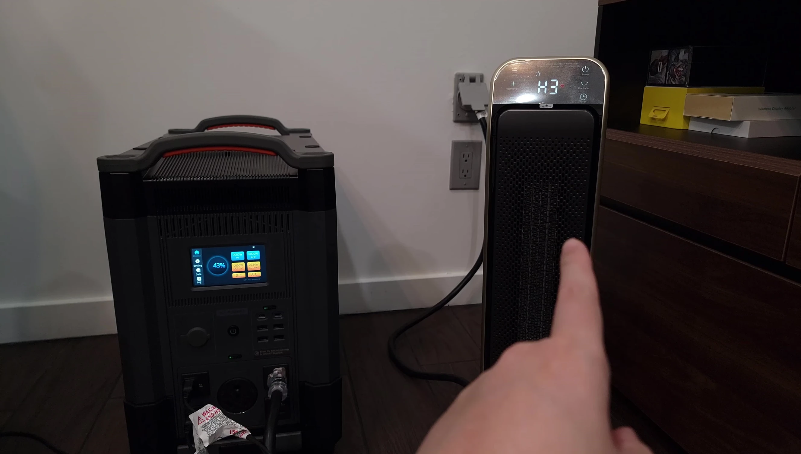 Power station powering two electric heaters and other appliances in the shed.