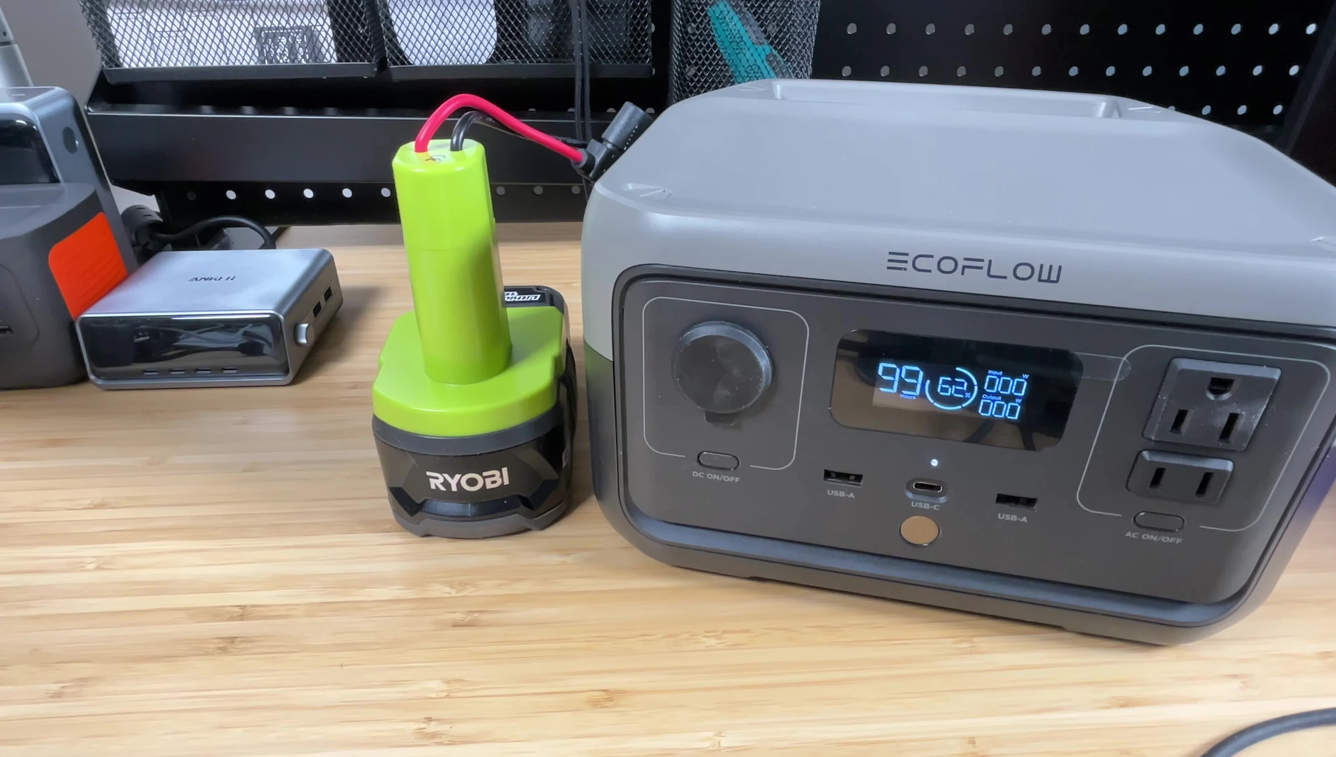 EcoFlow River 2 displaying power input from Ryobi battery