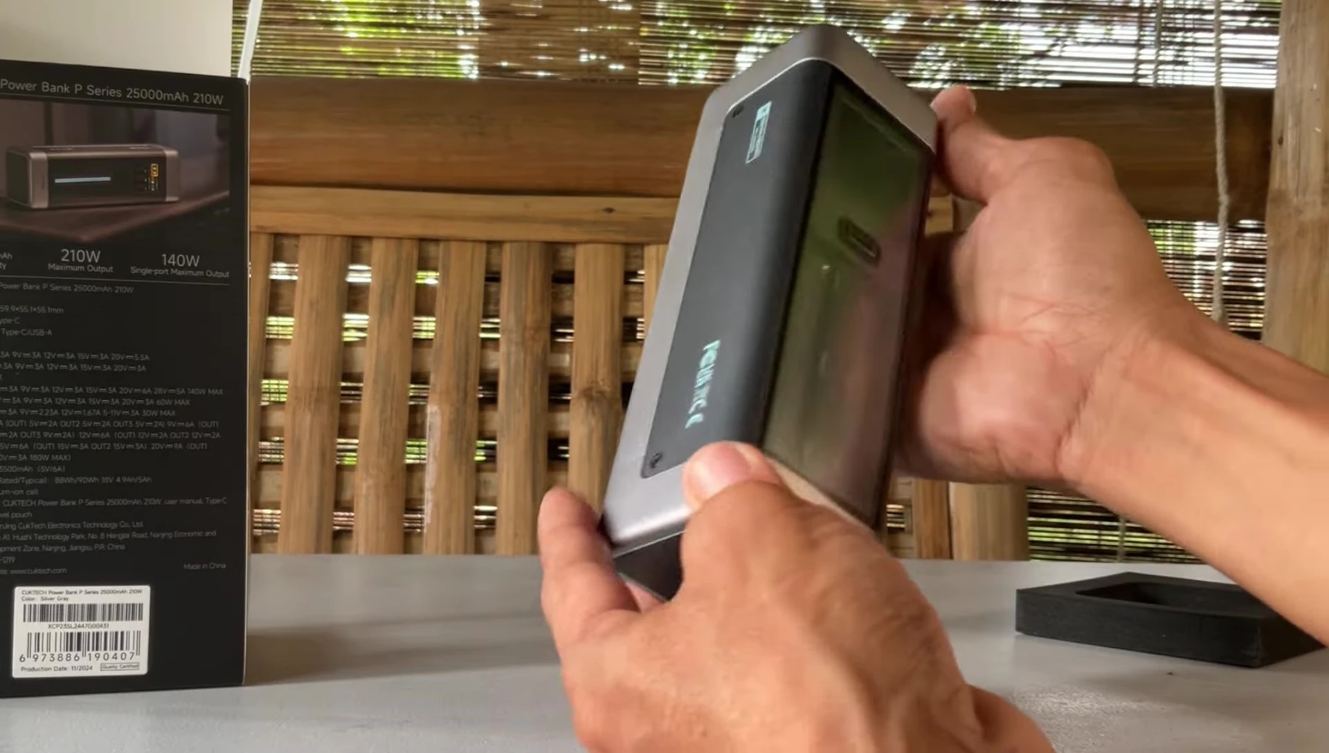 Close-up of the power bank showing its design