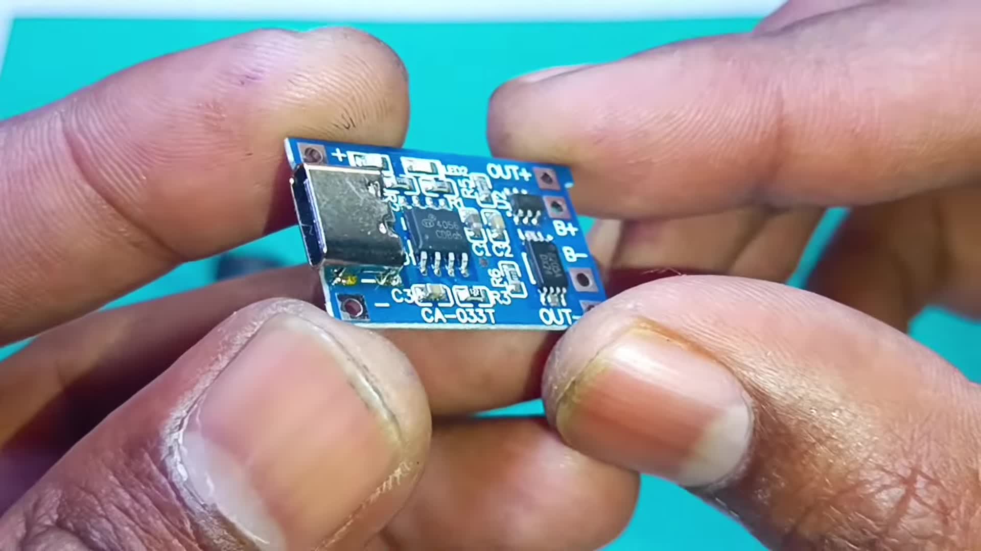 Close-up of the TP4056 charging module, highlighting the Type-C port