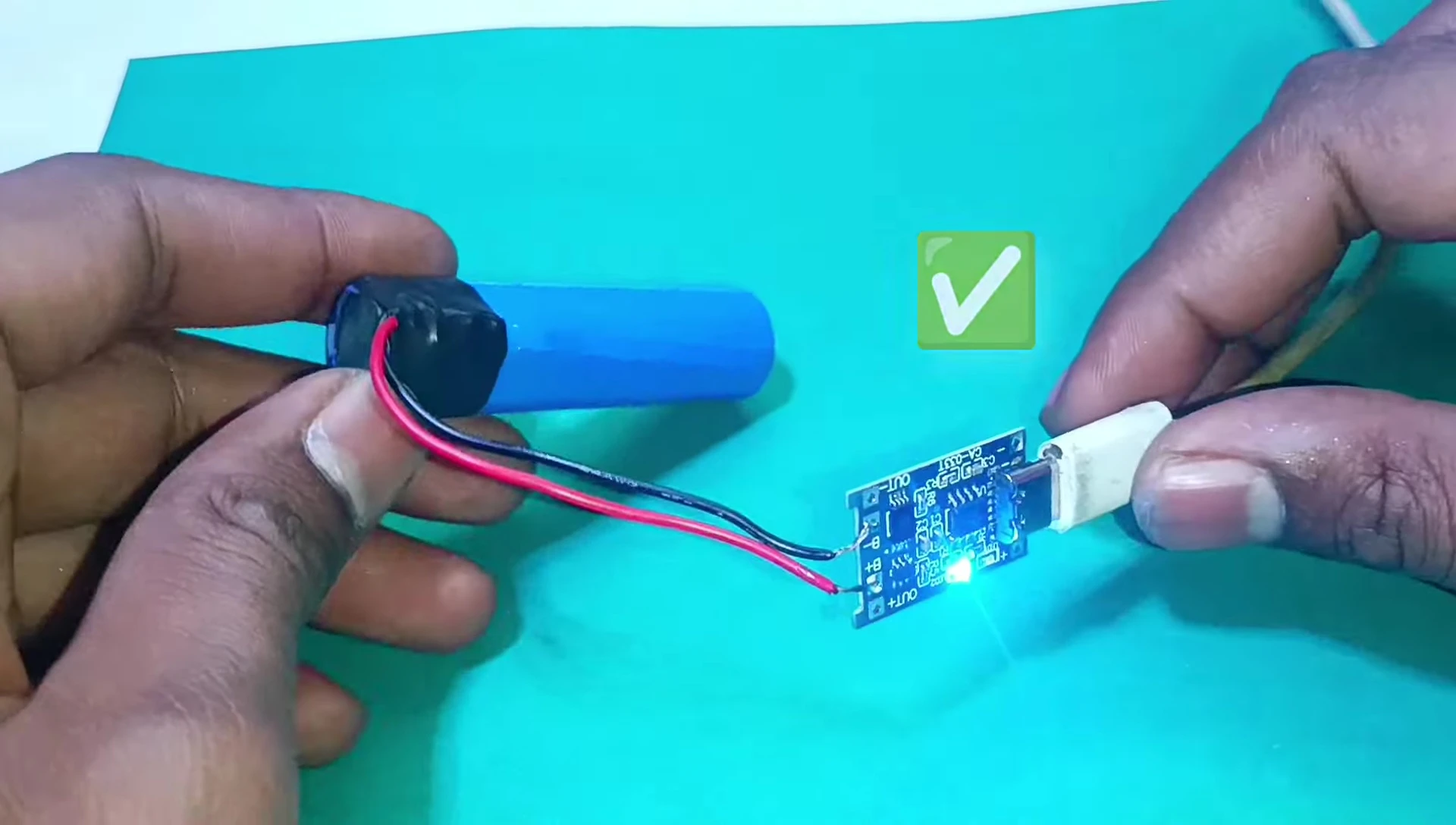 Blue LED indicating a fully charged battery