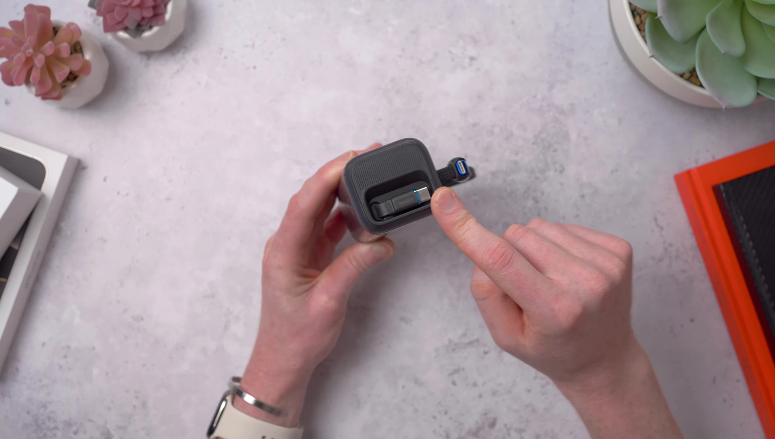 Close-up of the Anker power bank's retractable USB-C cable