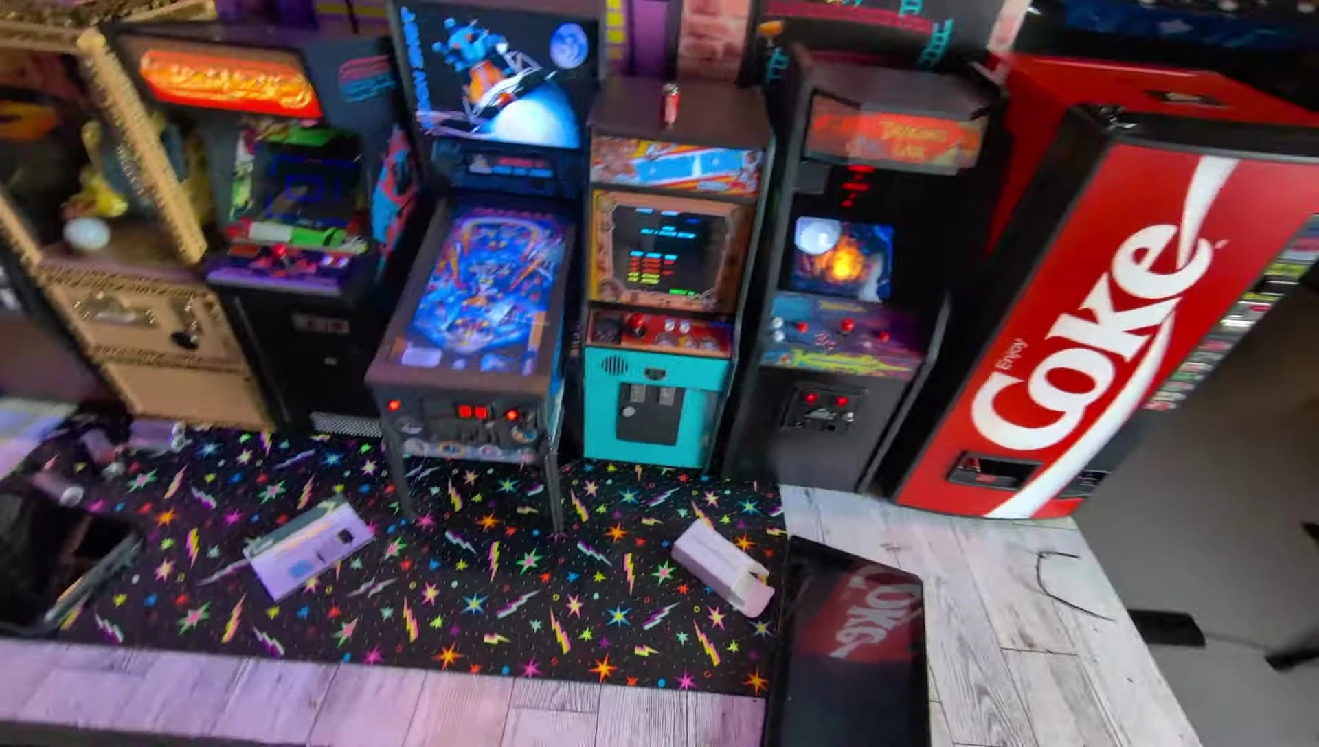 The pinball machine illuminated with the Lenink AC adapter.