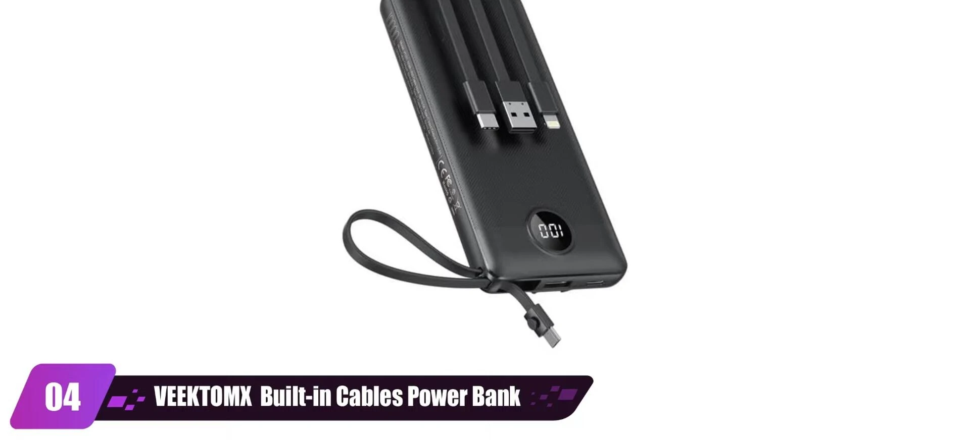Vinsic power bank displaying the integrated cables.