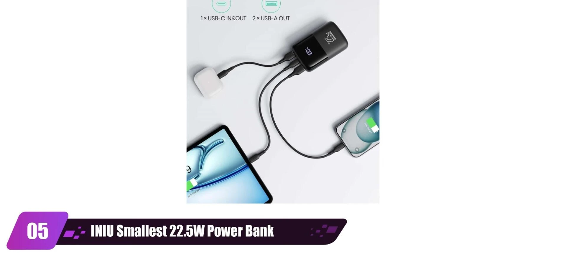 The INIU mini power bank with its built-in phone holder.
