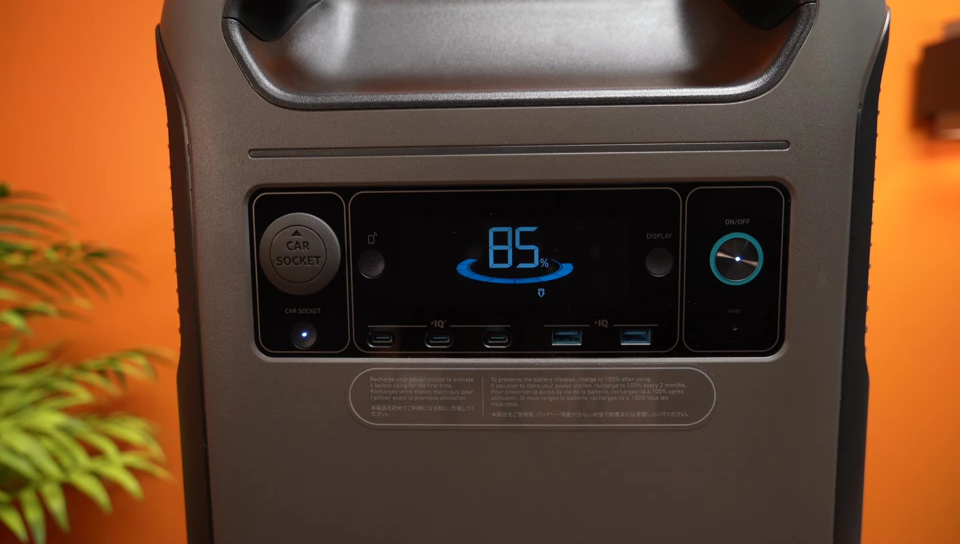 Close-up of the front panel with display, buttons, and outlets