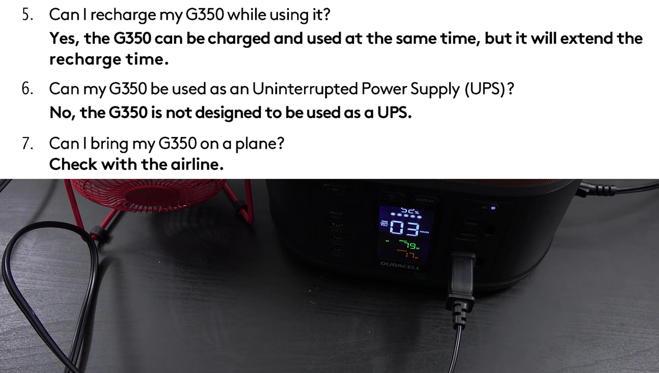 Demonstration of the Duracell G350's pass-through charging and UPS capabilities.