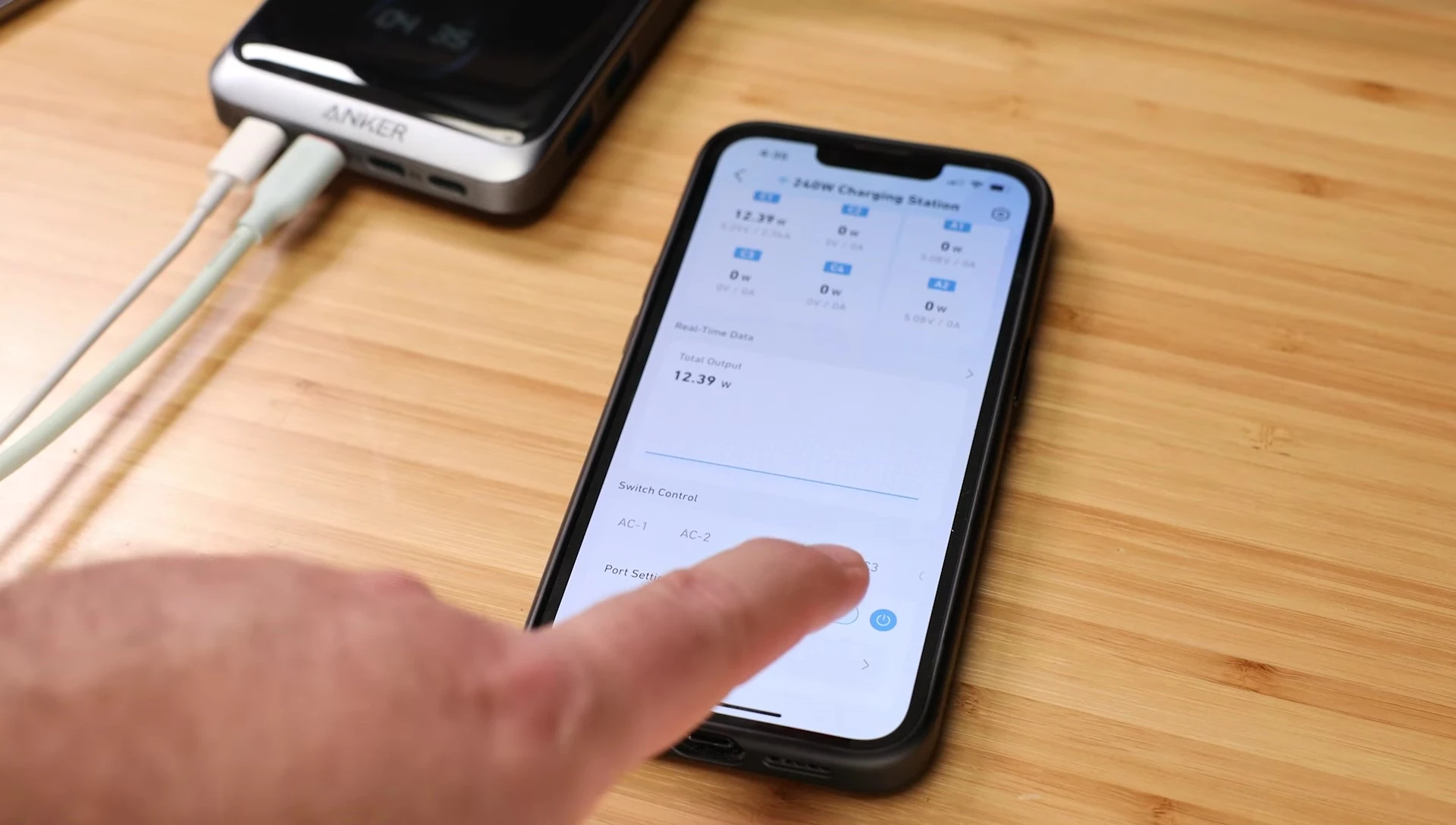 Anker app interface highlighting the features like Smart Charging, timers, and device location.