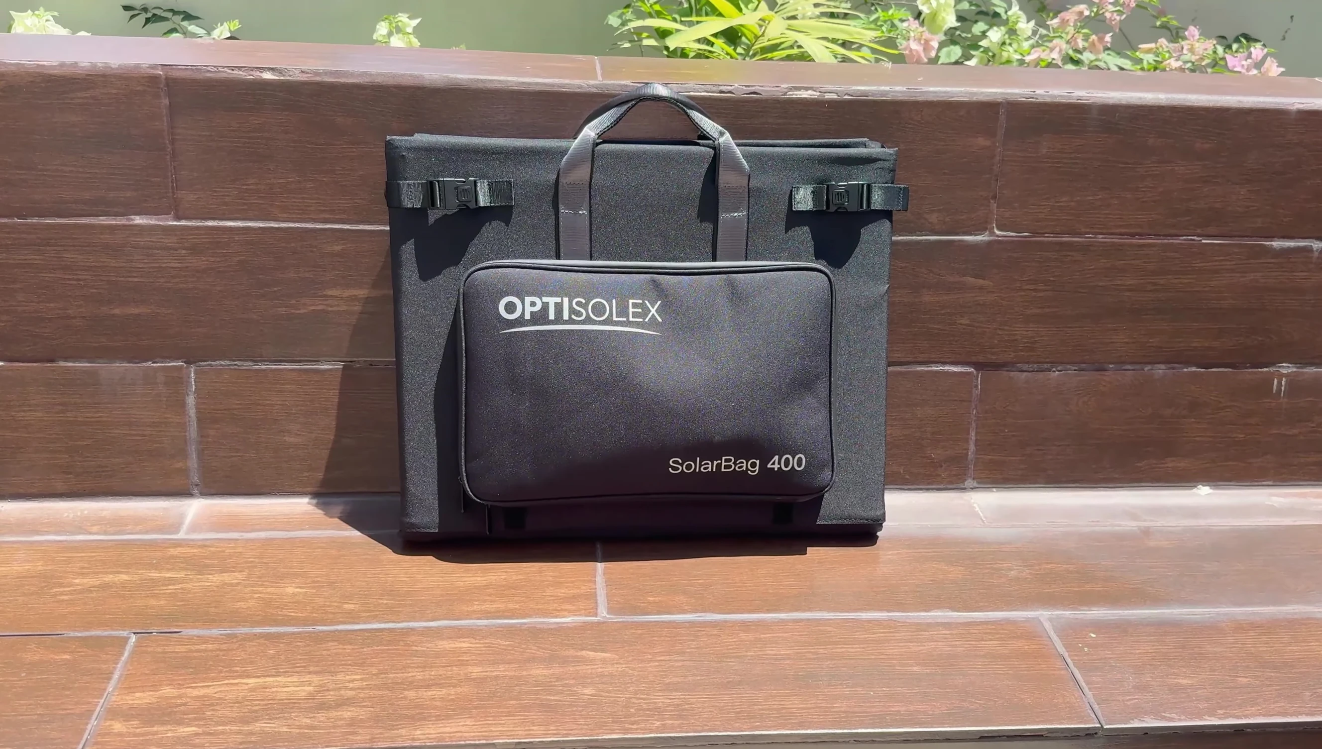 Close-up of the folded solar bag's details.