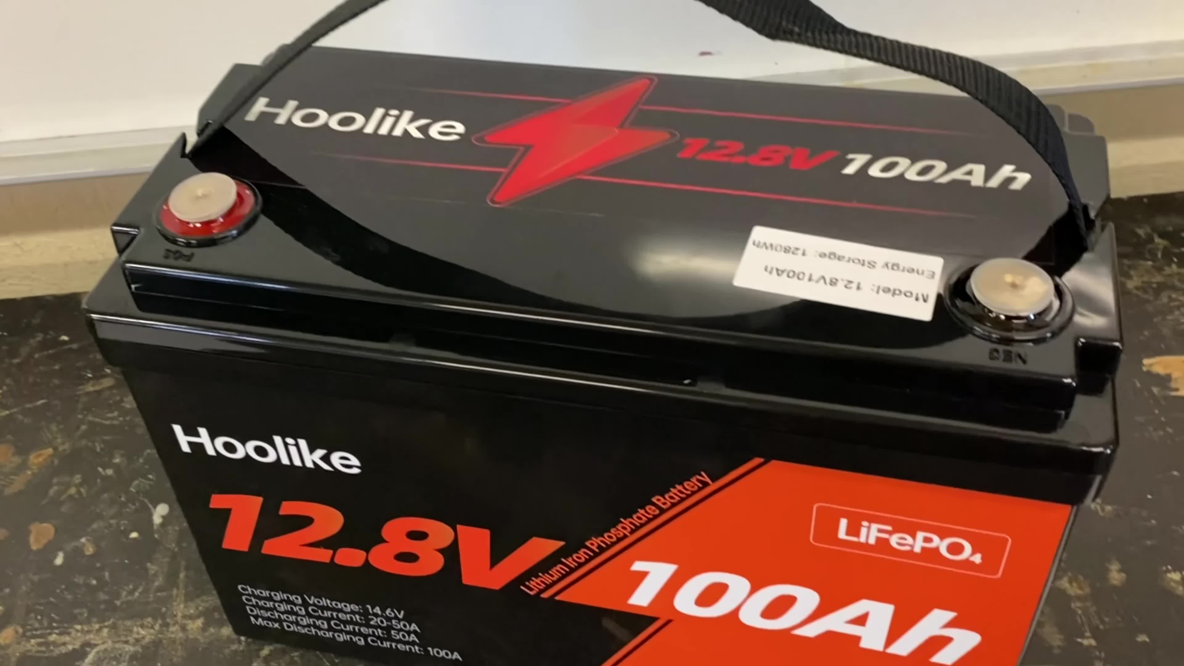 Close-up of the battery showing its dimensions and group 31 size.