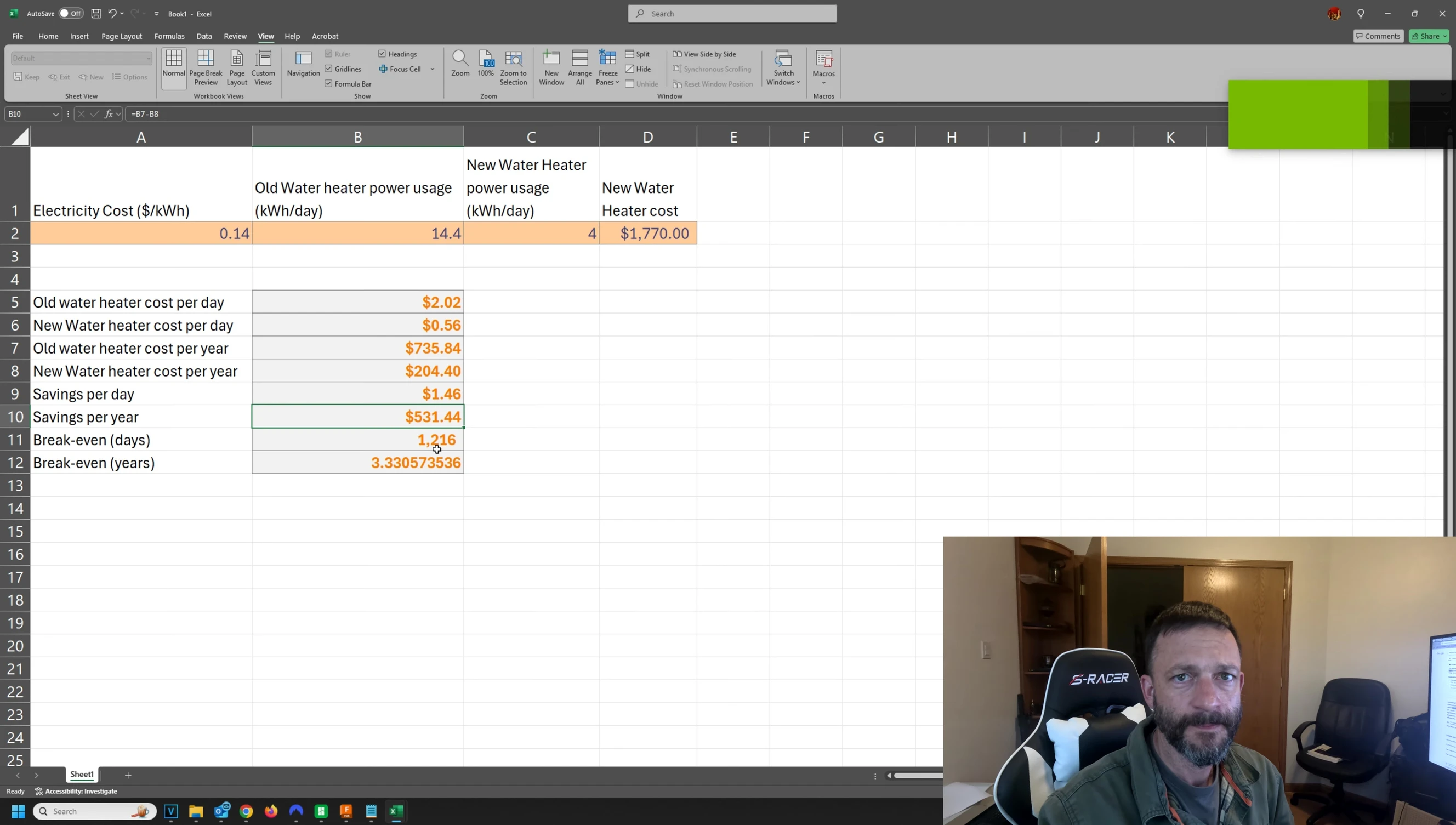 Screenshot of the excel spreadsheet summarizing cost savings and payback period.