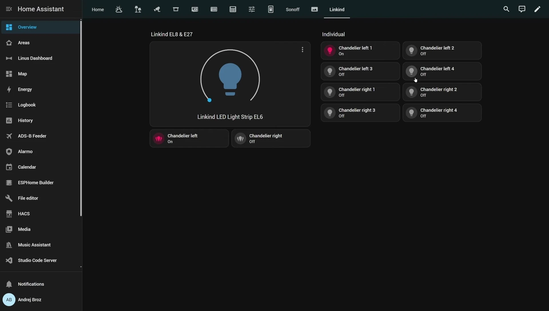 Screenshot of the lights displayed within the Home Assistant interface.