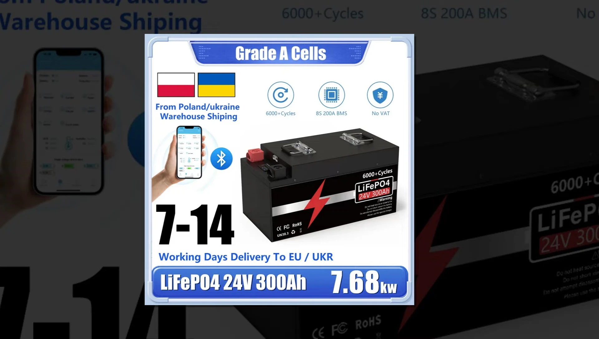 Image highlighting the battery's applications (RVs, boats, solar)