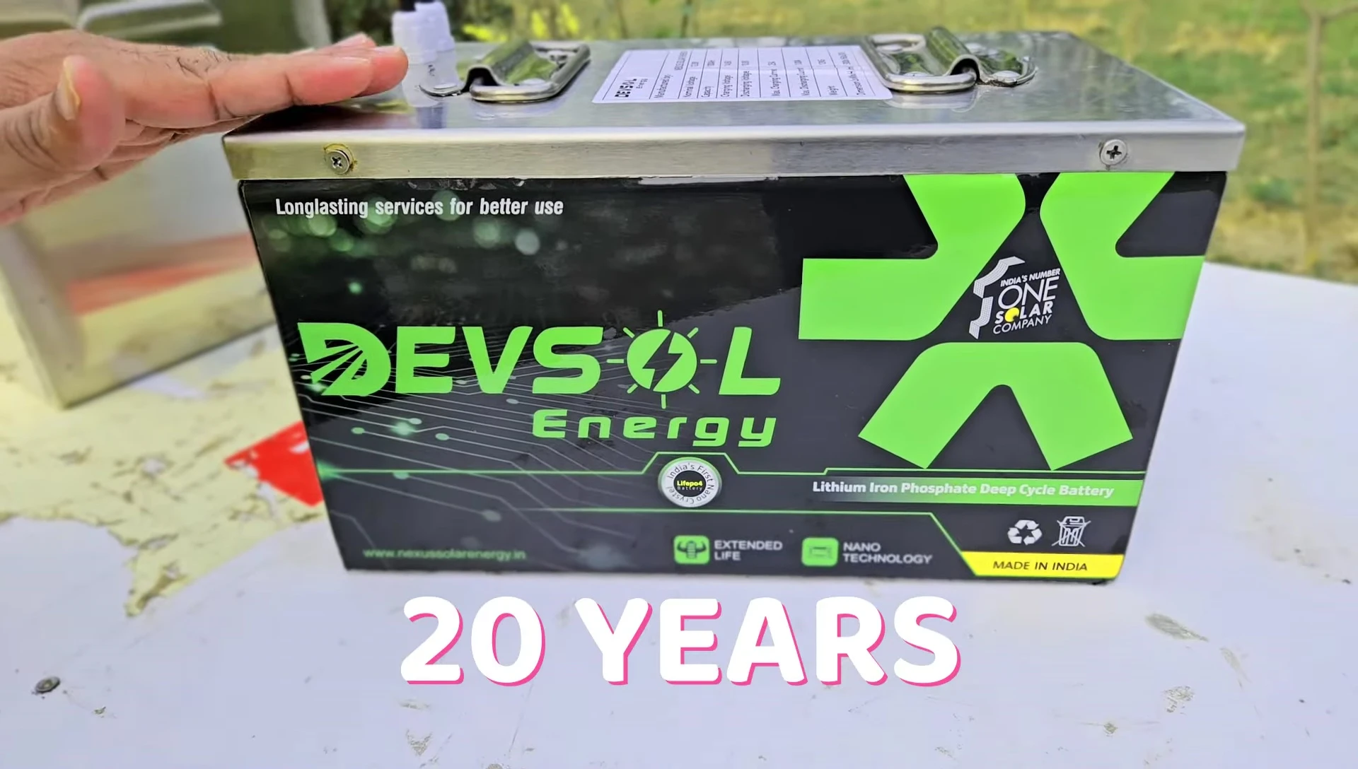 Close up shot of battery specifications including lifespan and warranty information.
