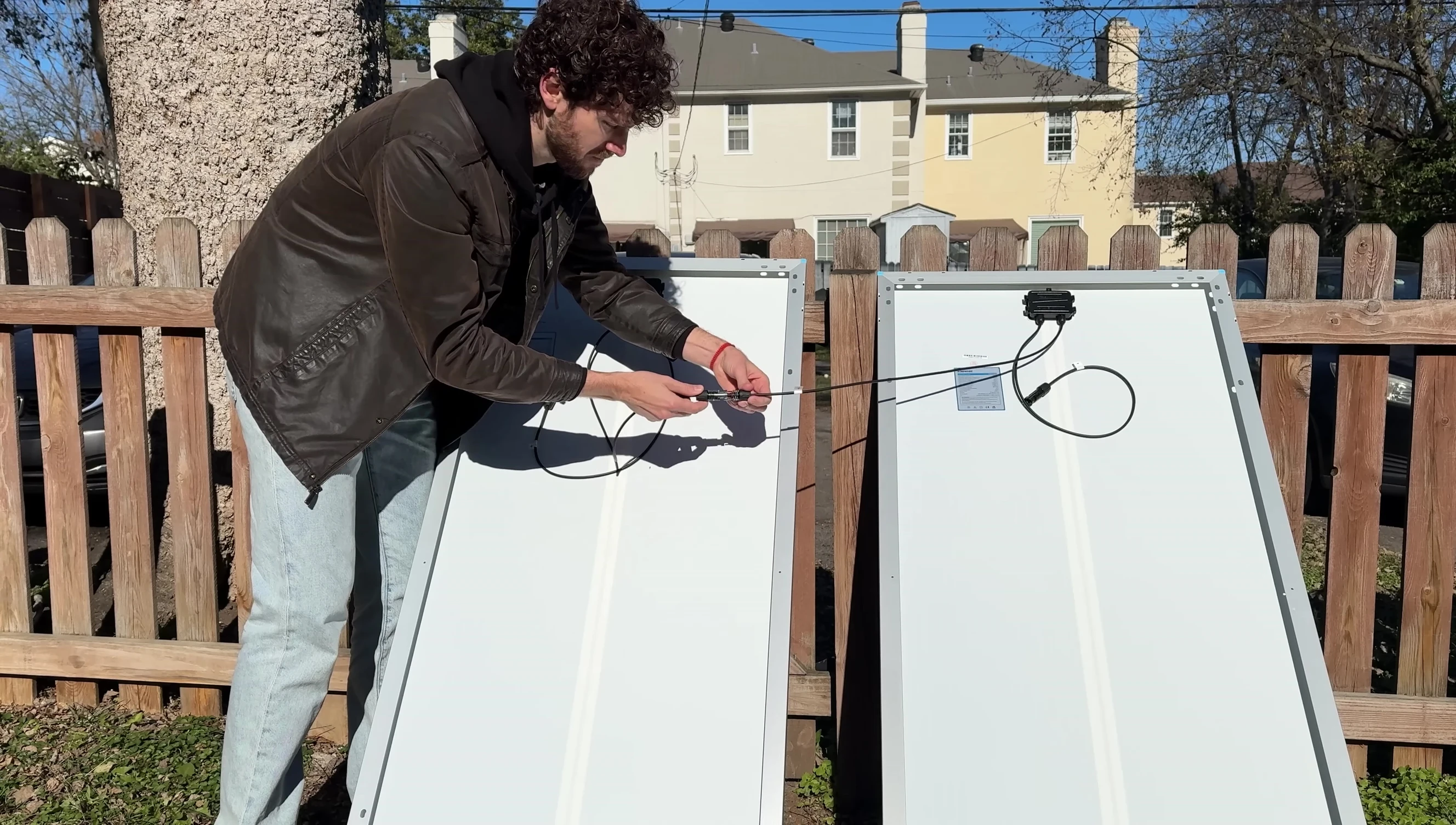 Connecting the solar panels in series for the Bluetti setup.