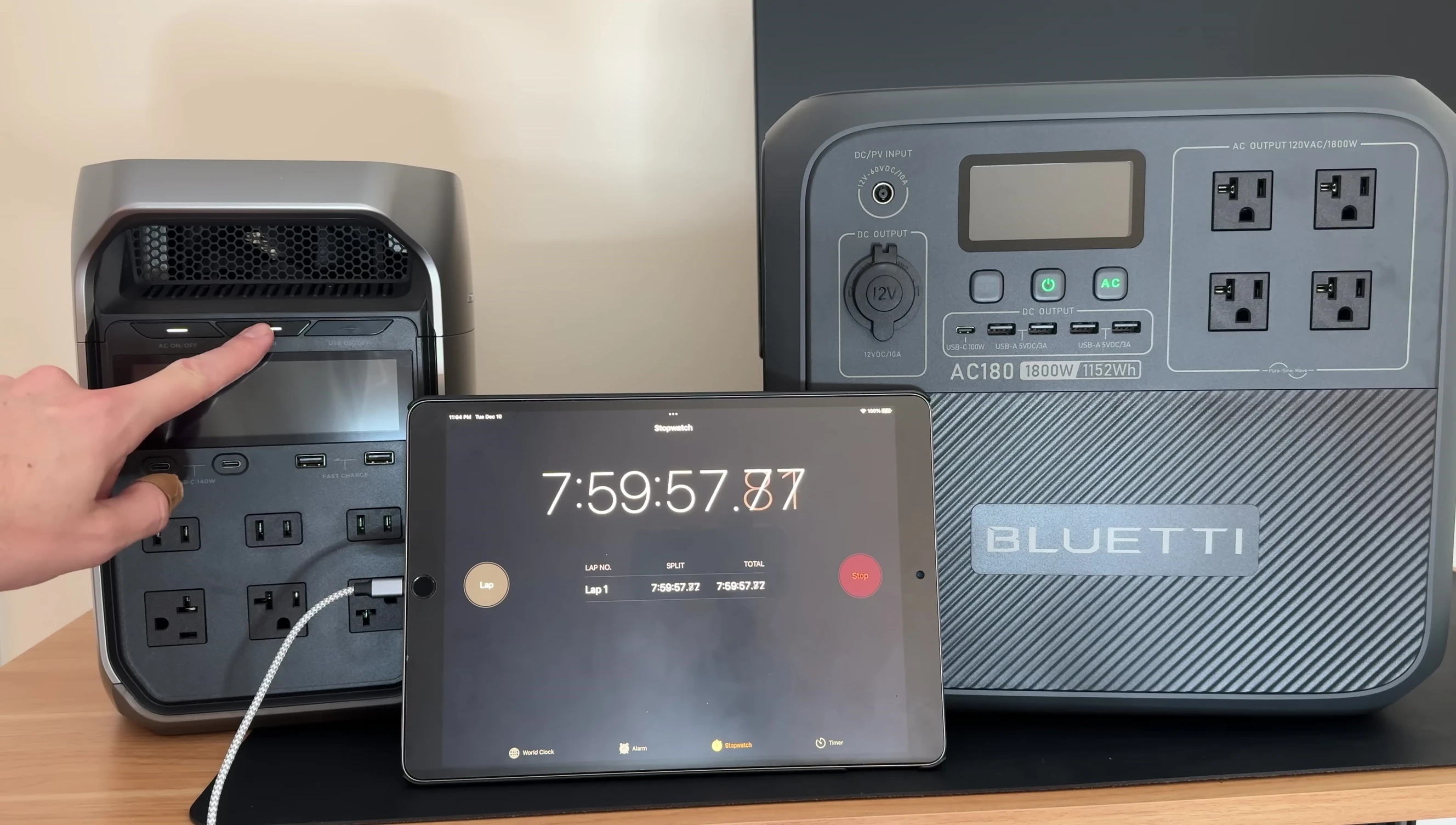 The Bluetti and EcoFlow power stations side-by-side during a test.