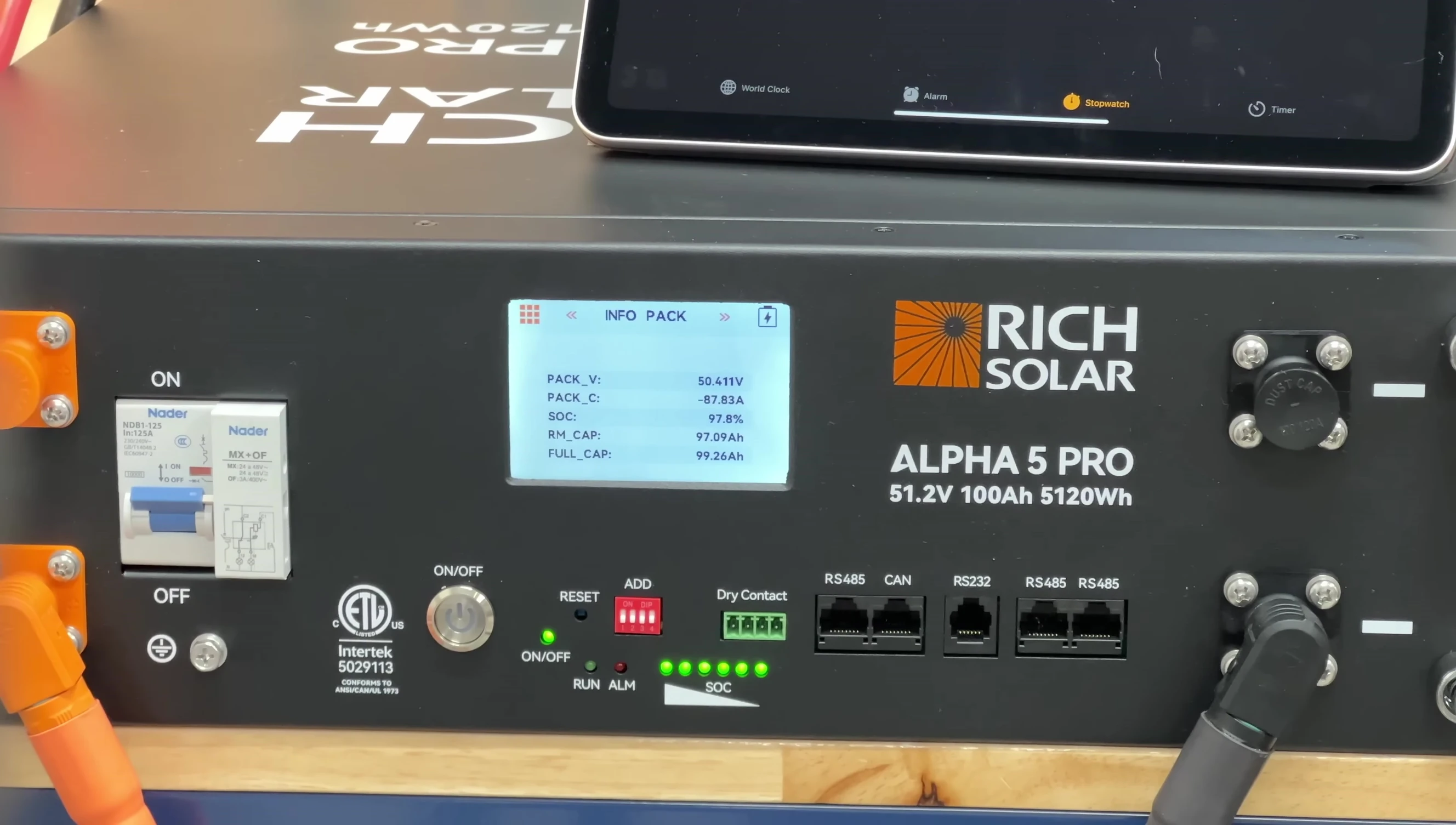 Close-up of the Rich Solar Alpha 5 Pro battery.