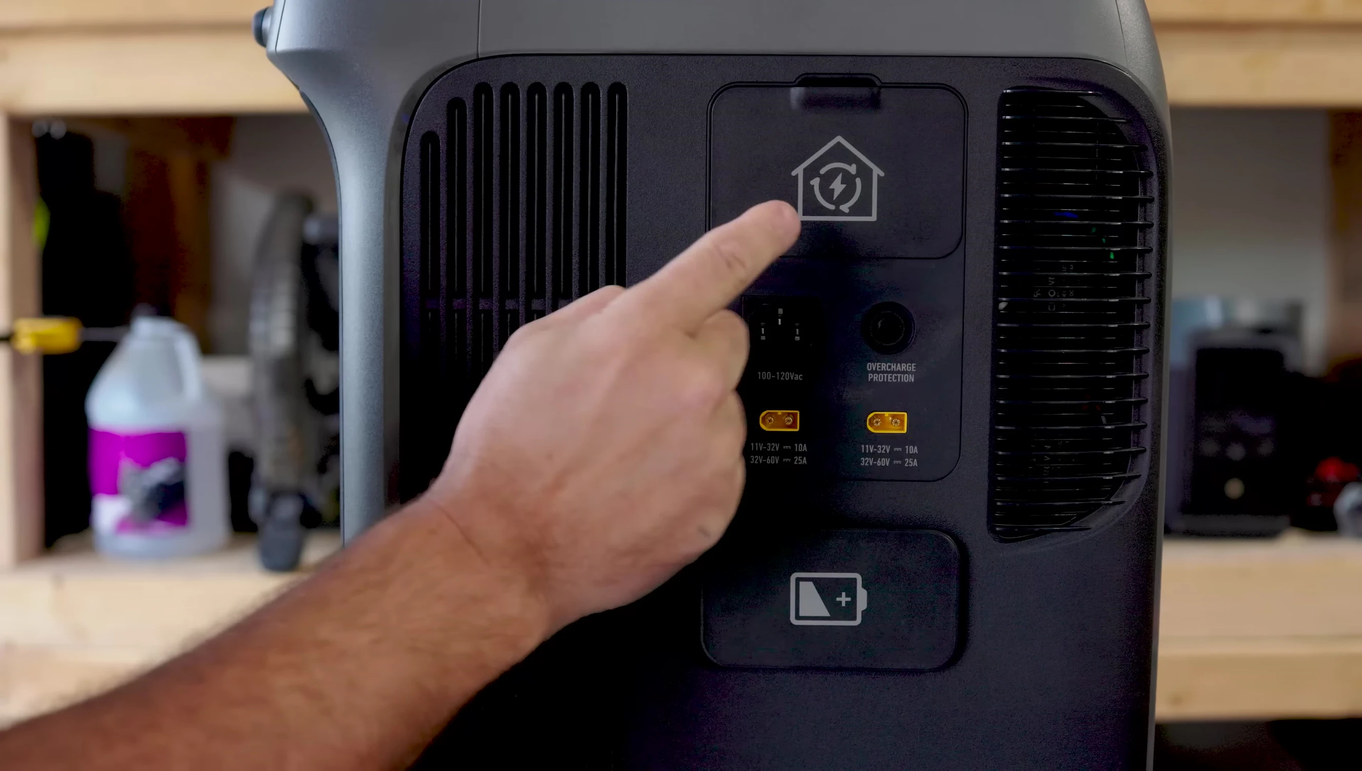 The back panel showing the AC input, solar inputs, and expansion battery port.
